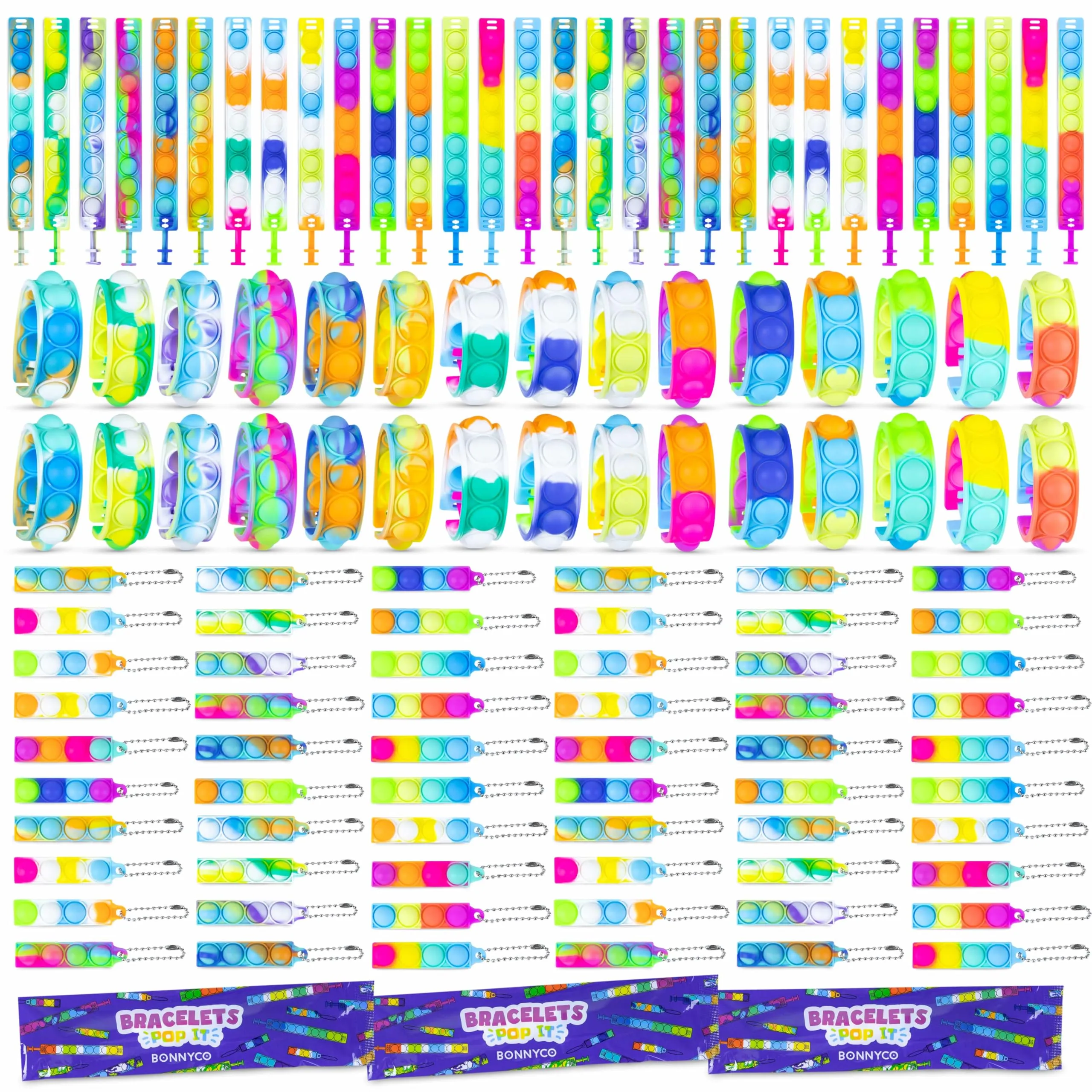 BONNYCO Pop It Braccialetti e Portachiavi, Set da 60 Pezzi, Multicolore - immagine 1