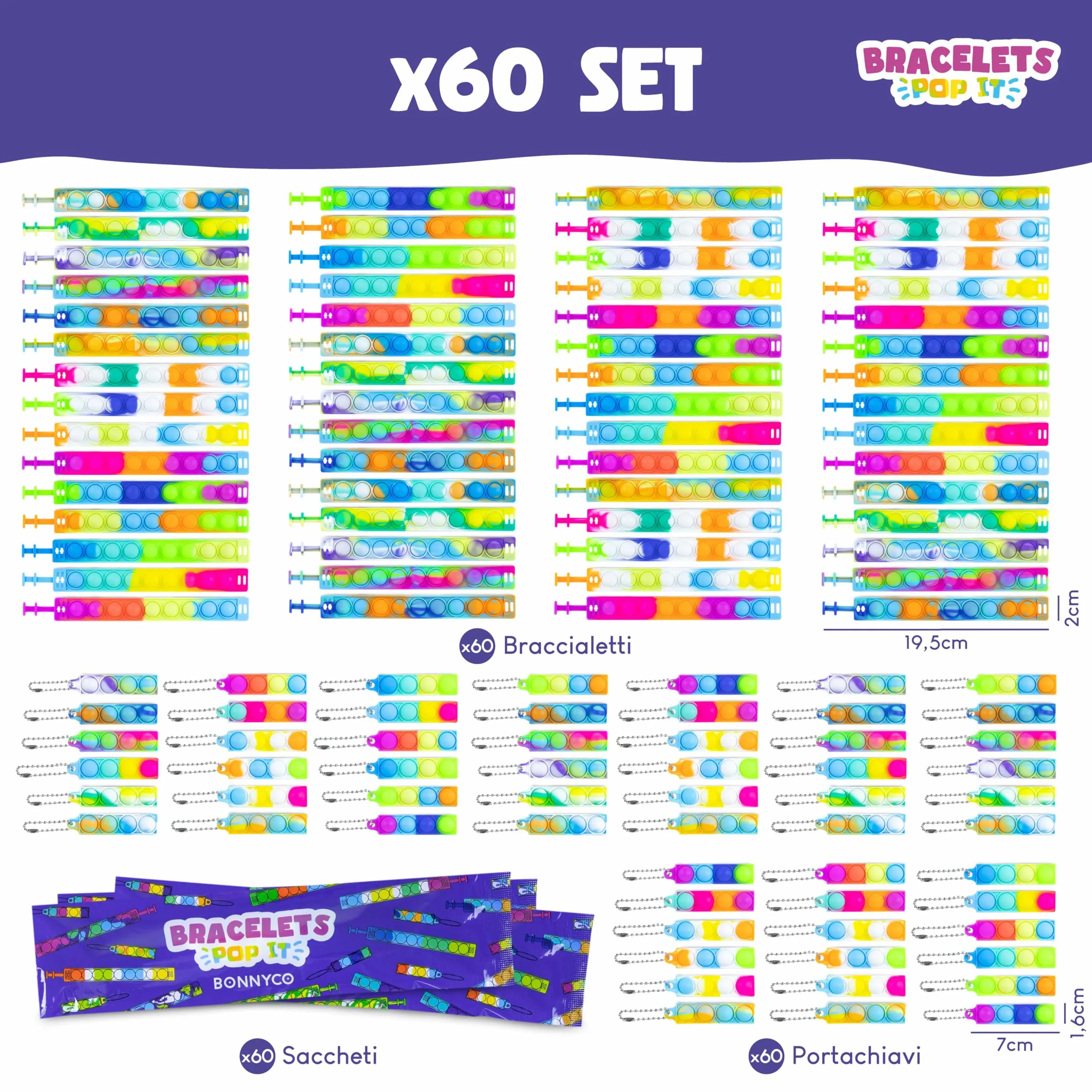 BONNYCO Pop It Braccialetti e Portachiavi, Set da 60 Pezzi, Multicolore - immagine 2
