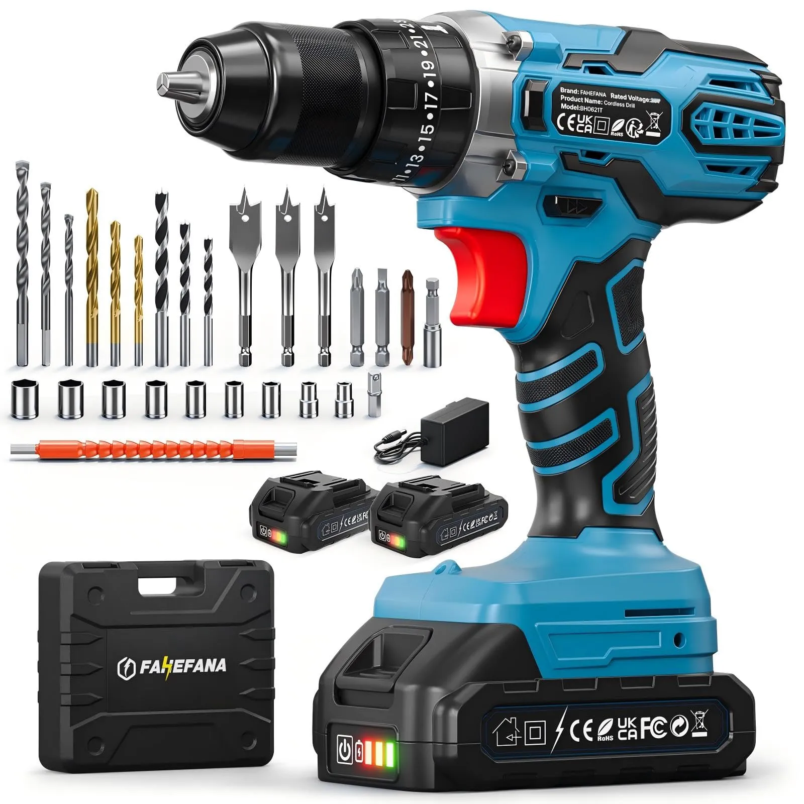 FAHEFANA Trapano a Percussione 21V BH0621T con 2 Batterie 2.0Ah, Coppia 45Nm, 2 Velocità, Set di Accessori 29 Pezzi e Valigetta - immagine 1