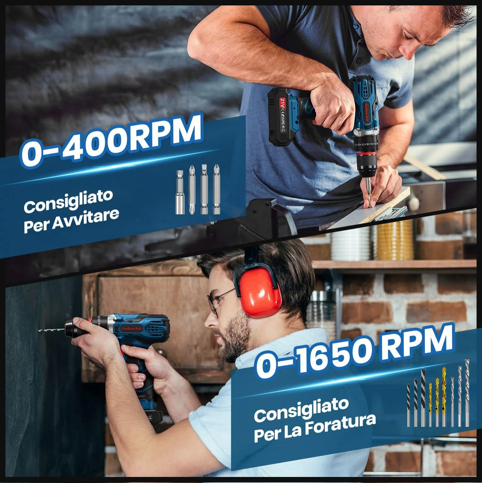 FAHEFANA Trapano a Percussione 21V BH0621T con 2 Batterie 2.0Ah, Coppia 45Nm, 2 Velocità, Set di Accessori 29 Pezzi e Valigetta - immagine 3