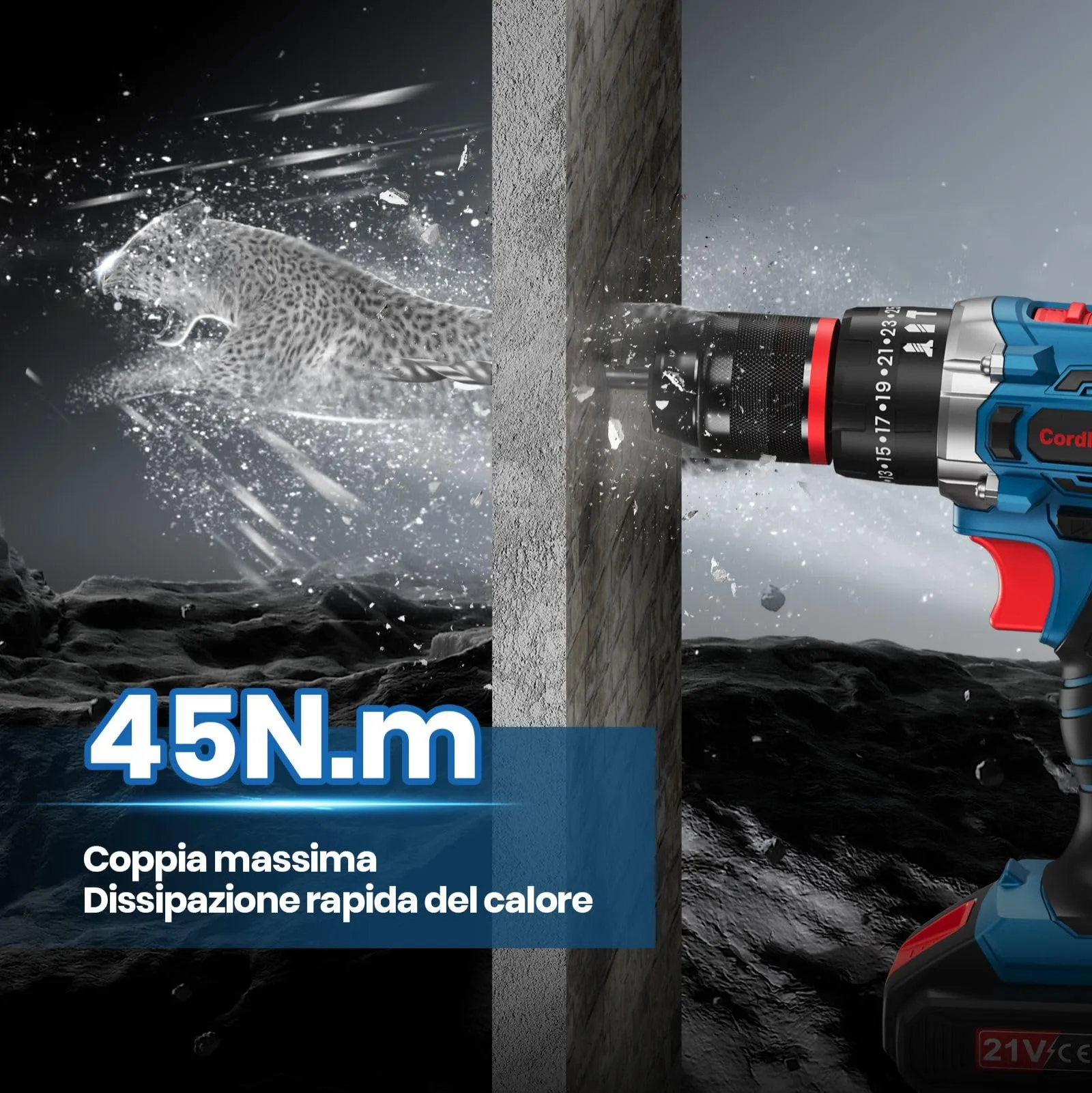 FAHEFANA Trapano a Percussione 21V BH0621T con 2 Batterie 2.0Ah, Coppia 45Nm, 2 Velocità, Set di Accessori 29 Pezzi e Valigetta - immagine 5
