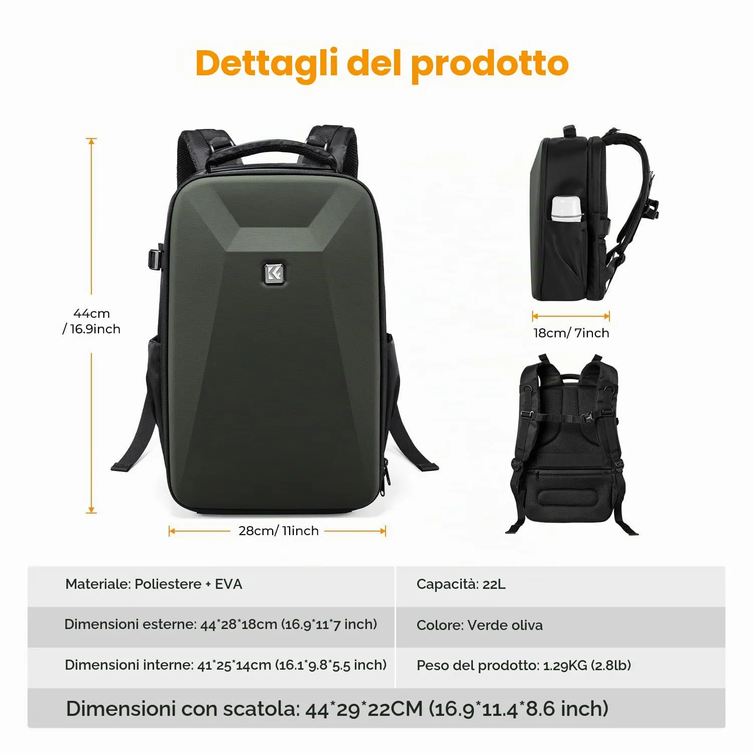 K&F CONCEPT Zaino Fotografico Antiurto Impermeabile 44cm Verde + Nero - immagine 7