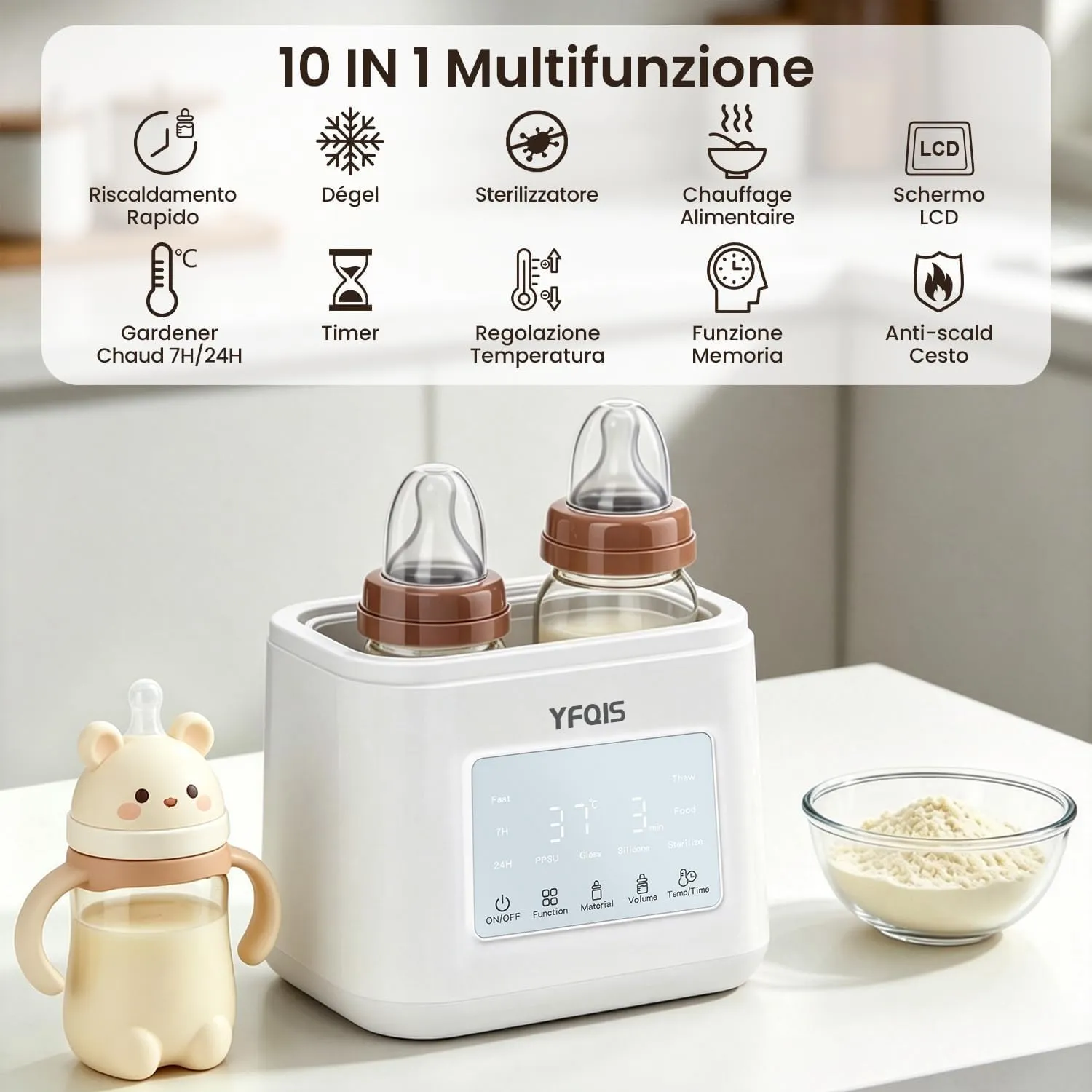 YFQIS Scaldabiberon e Sterilizzatore Biberon 10 in 1, 230W con Display LCD e Timer - immagine 2