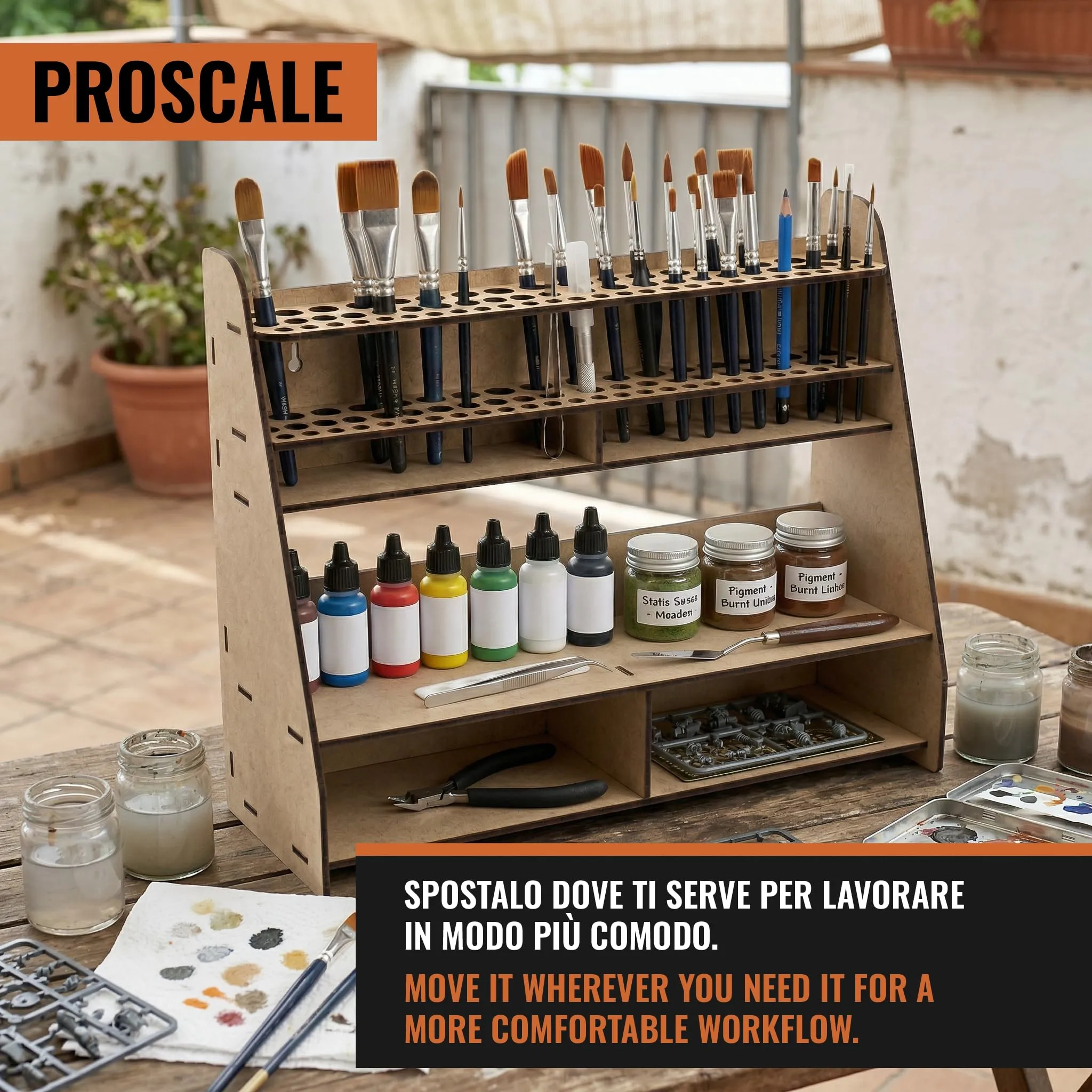 PROSCALE Organizzatore Pennelli, Strumenti e Vernici per Modellismo e Miniature - Kit Taglio Laser MDF - Compatibile con Vallejo, Citadel, Army Painter, AK - immagine 5