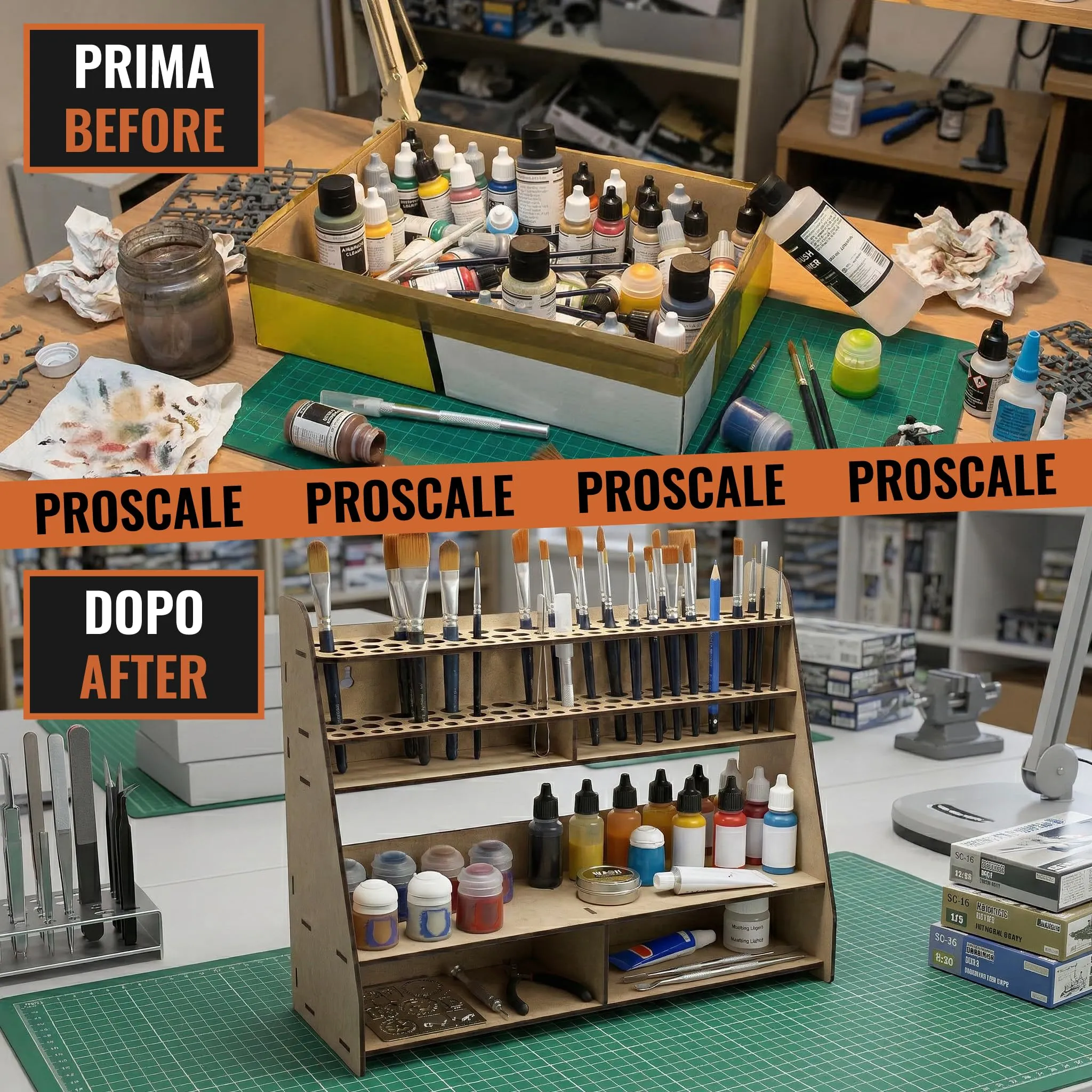 PROSCALE Organizzatore Pennelli, Strumenti e Vernici per Modellismo e Miniature - Kit Taglio Laser MDF - Compatibile con Vallejo, Citadel, Army Painter, AK - immagine 7