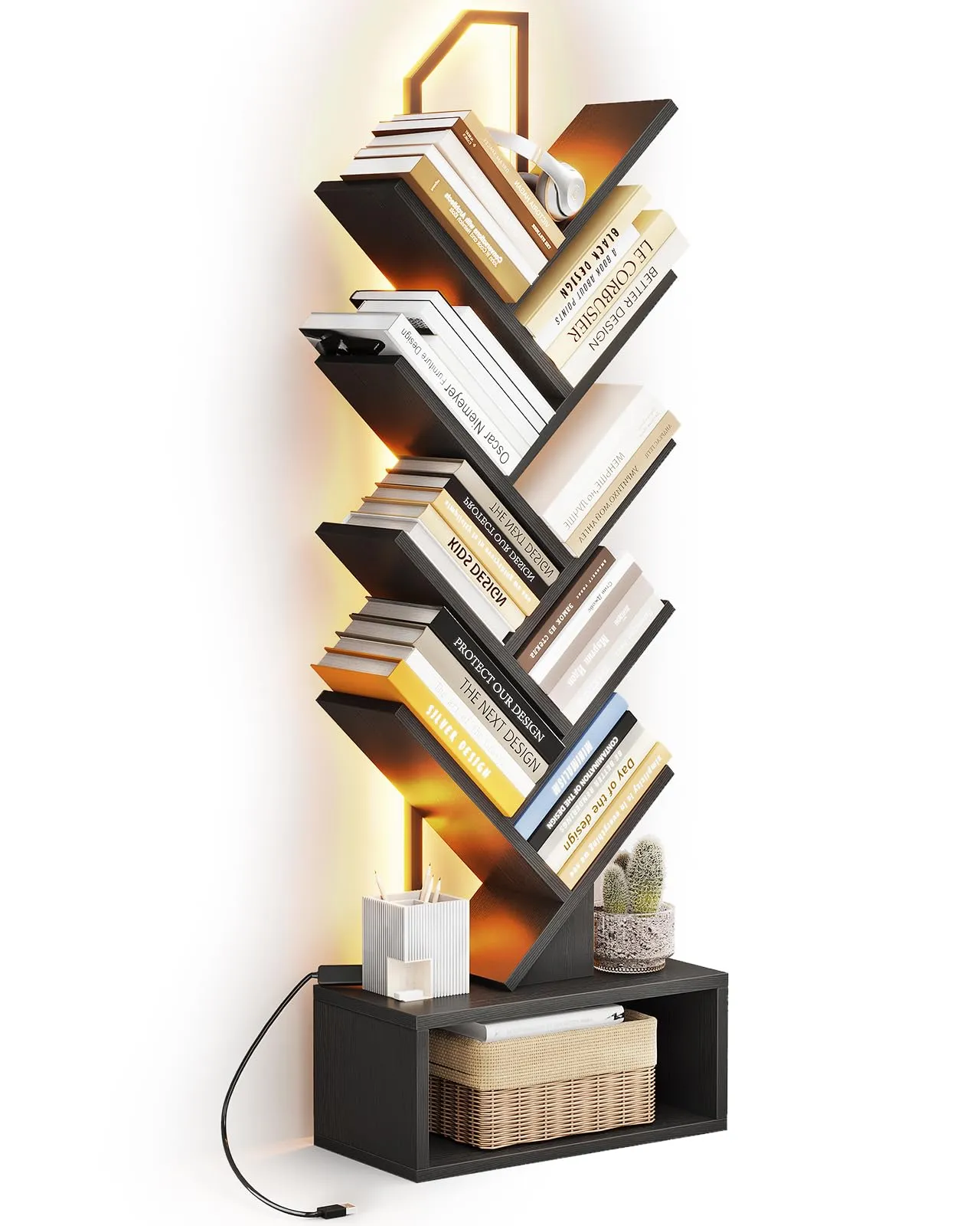 Coleshome Libreria ad Albero LED, Scaffale a 8 Ripiani, 115cm, Nero - immagine 1