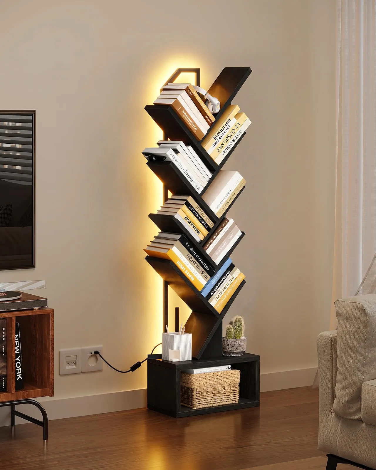 Coleshome Libreria ad Albero LED, Scaffale a 8 Ripiani, 115cm, Nero - immagine 2