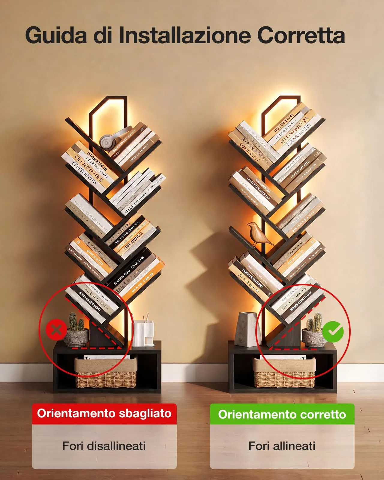 Coleshome Libreria ad Albero LED, Scaffale a 8 Ripiani, 115cm, Nero - immagine 3