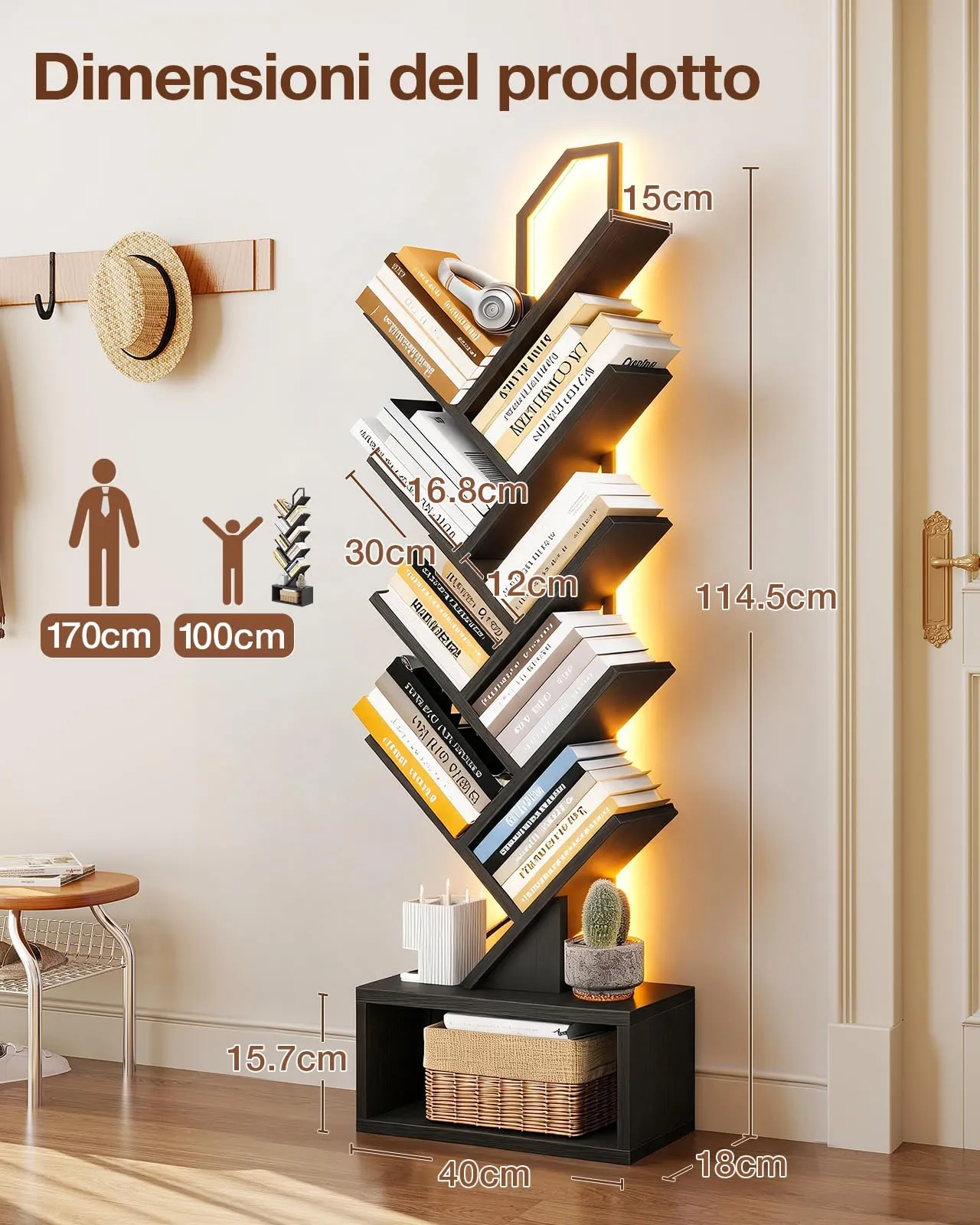 Coleshome Libreria ad Albero LED, Scaffale a 8 Ripiani, 115cm, Nero - immagine 4