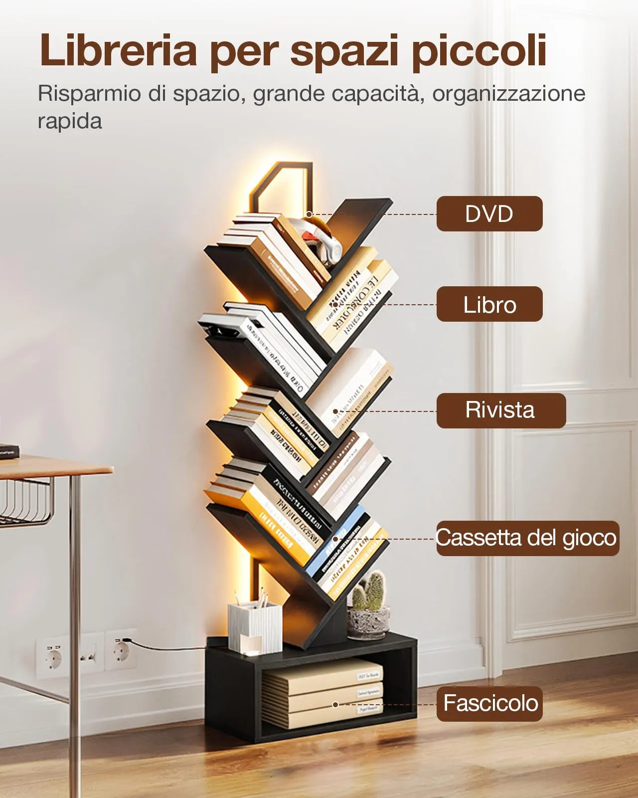 Coleshome Libreria ad Albero LED, Scaffale a 8 Ripiani, 115cm, Nero - immagine 5