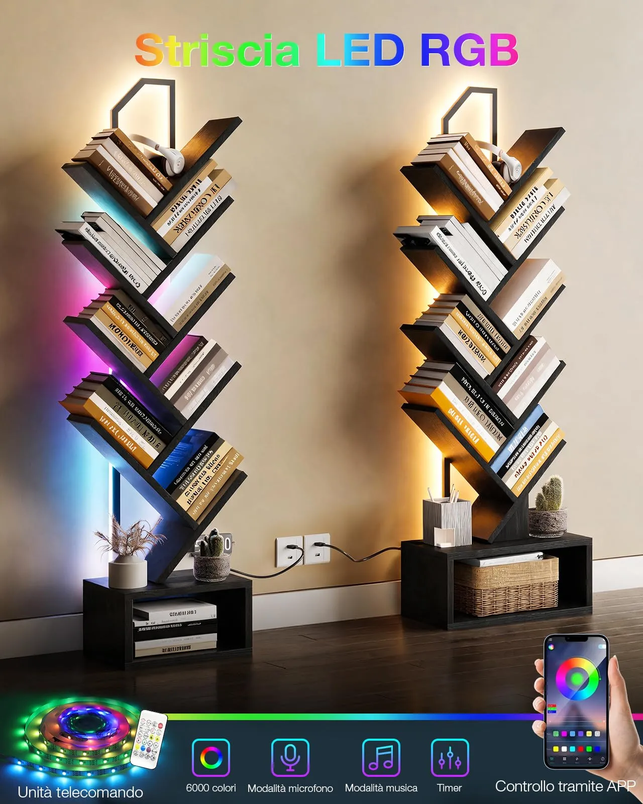 Coleshome Libreria ad Albero LED, Scaffale a 8 Ripiani, 115cm, Nero - immagine 7