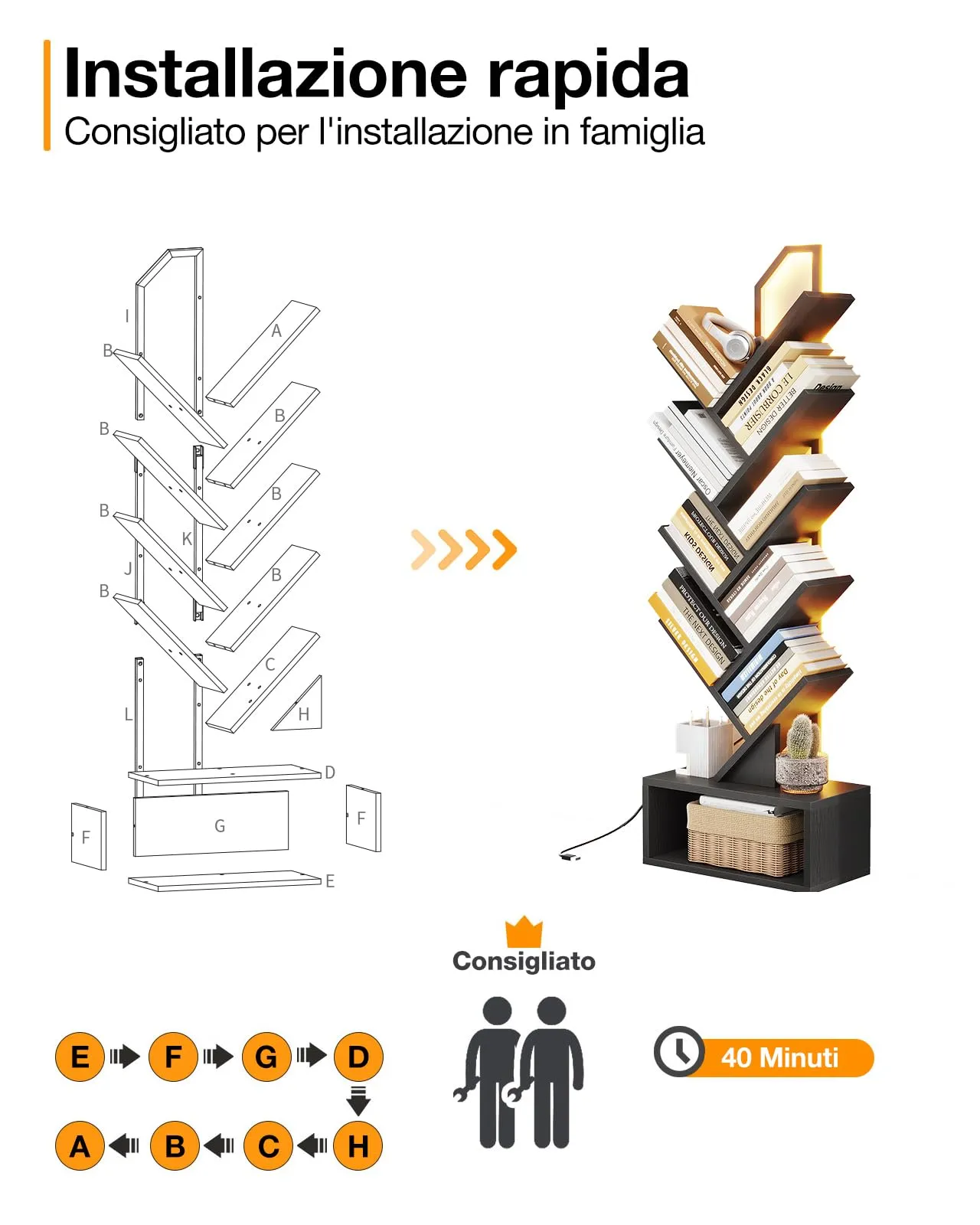 Coleshome Libreria ad Albero LED, Scaffale a 8 Ripiani, 115cm, Nero - immagine 8