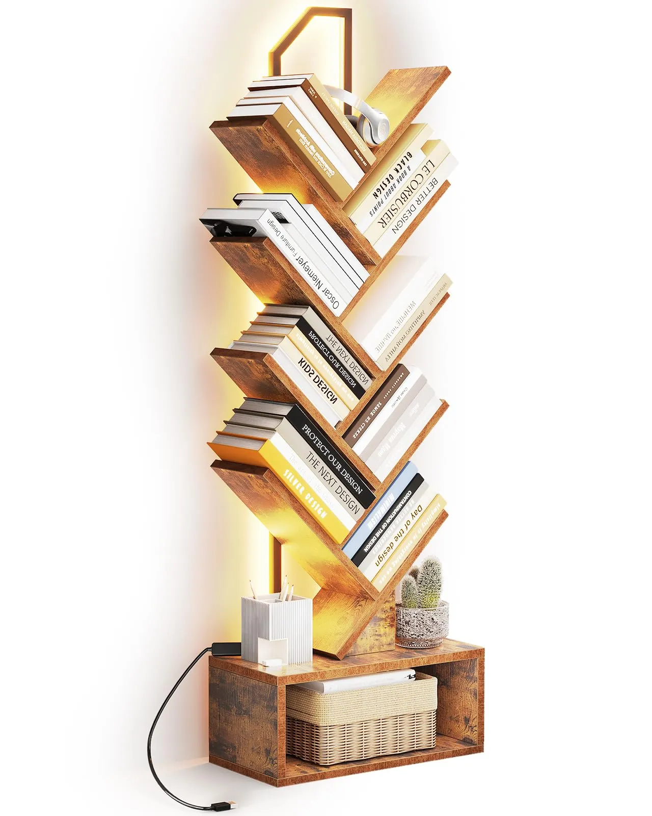 Coleshome Libreria ad Albero LED, Scaffale a 8 Ripiani, 115cm, Marrone - immagine 1