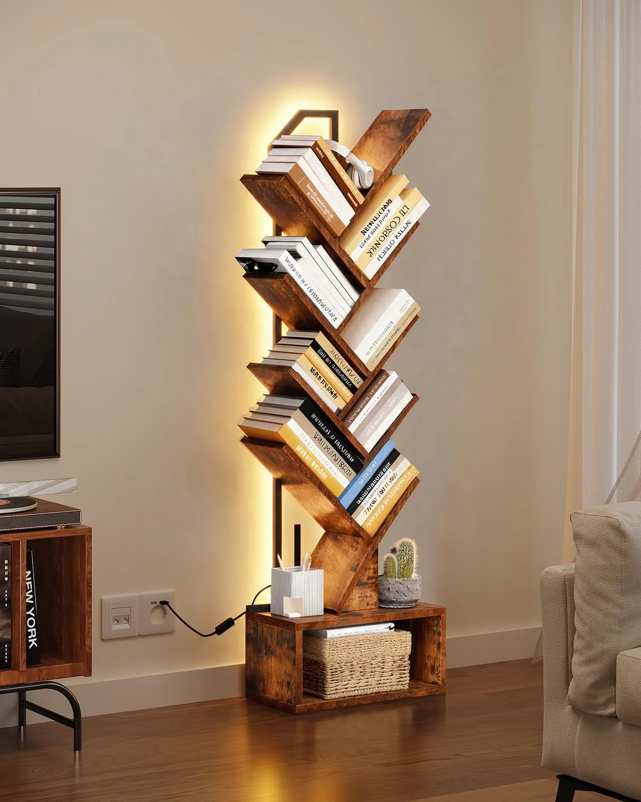 Coleshome Libreria ad Albero LED, Scaffale a 8 Ripiani, 115cm, Marrone - immagine 2