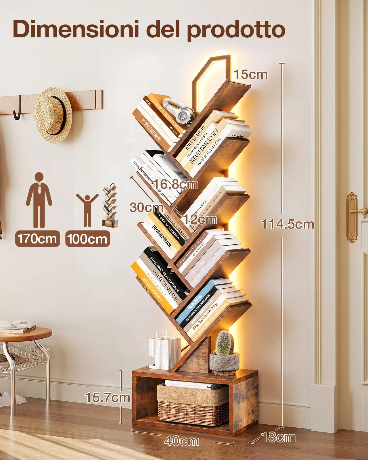 Coleshome Libreria ad Albero LED, Scaffale a 8 Ripiani, 115cm, Marrone - immagine 3
