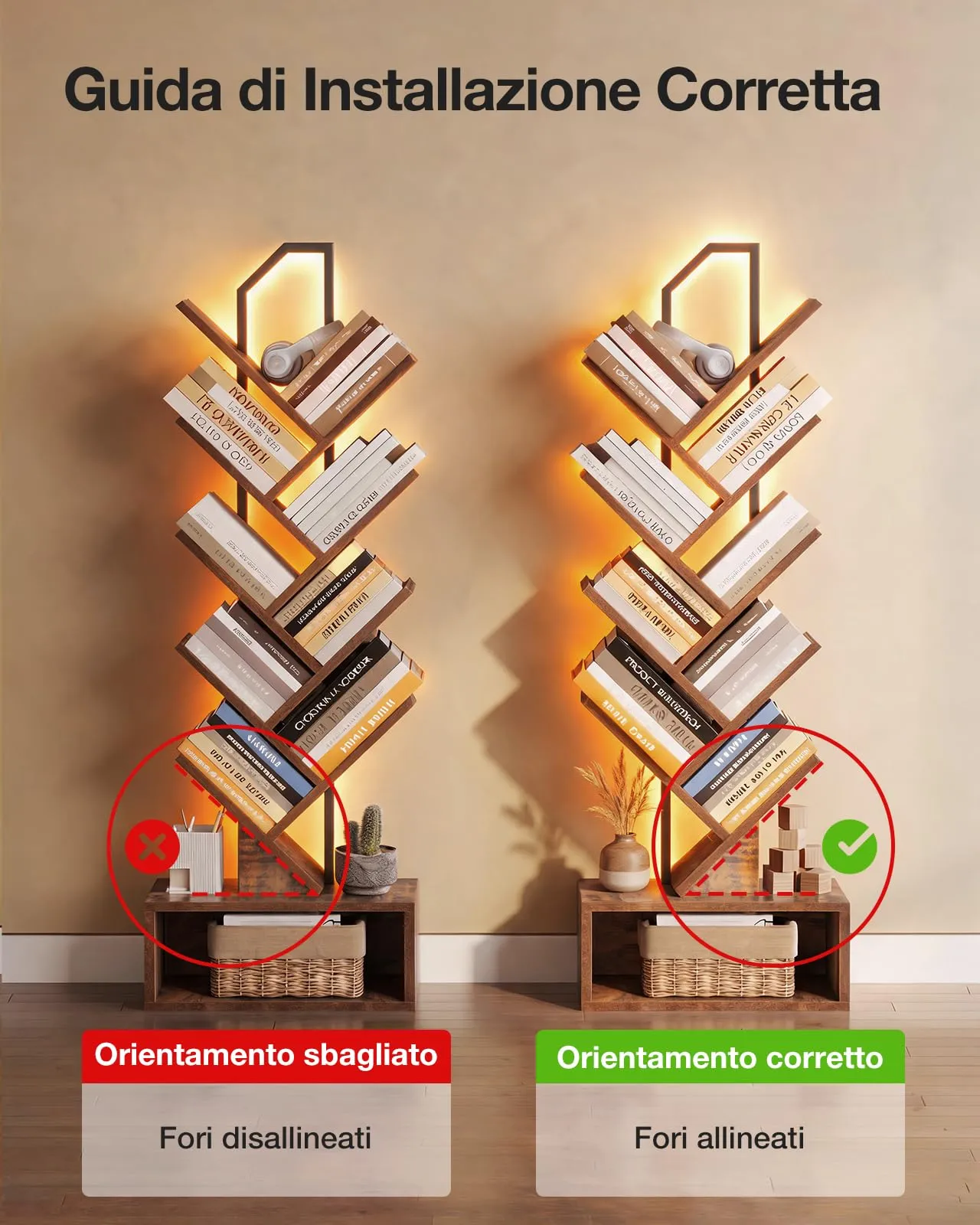 Coleshome Libreria ad Albero LED, Scaffale a 8 Ripiani, 115cm, Marrone - immagine 4