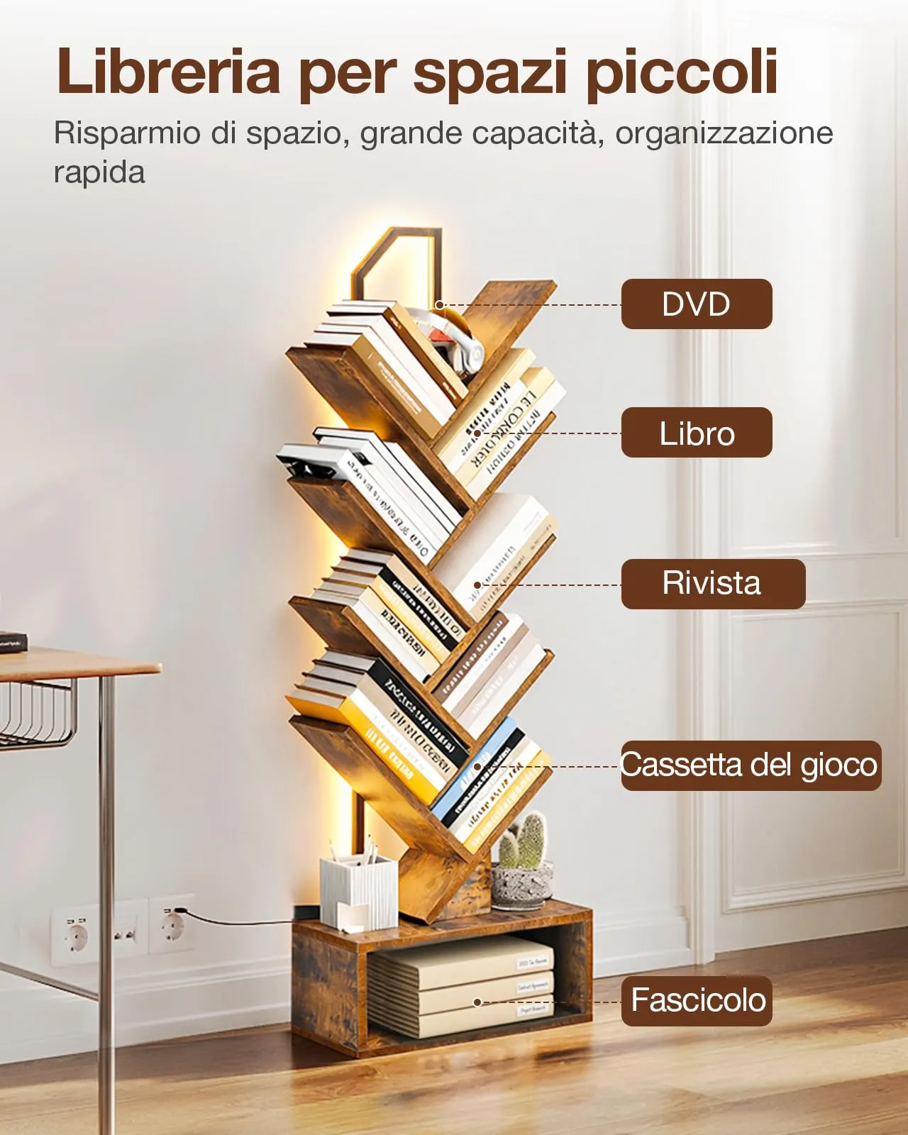 Coleshome Libreria ad Albero LED, Scaffale a 8 Ripiani, 115cm, Marrone - immagine 5