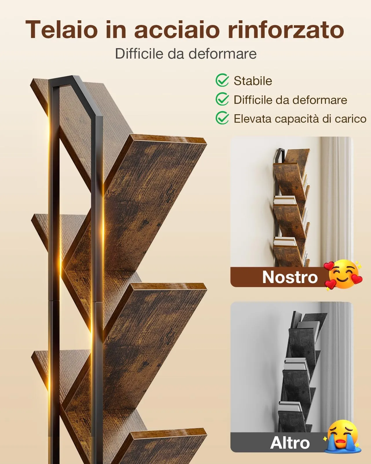 Coleshome Libreria ad Albero LED, Scaffale a 8 Ripiani, 115cm, Marrone - immagine 6