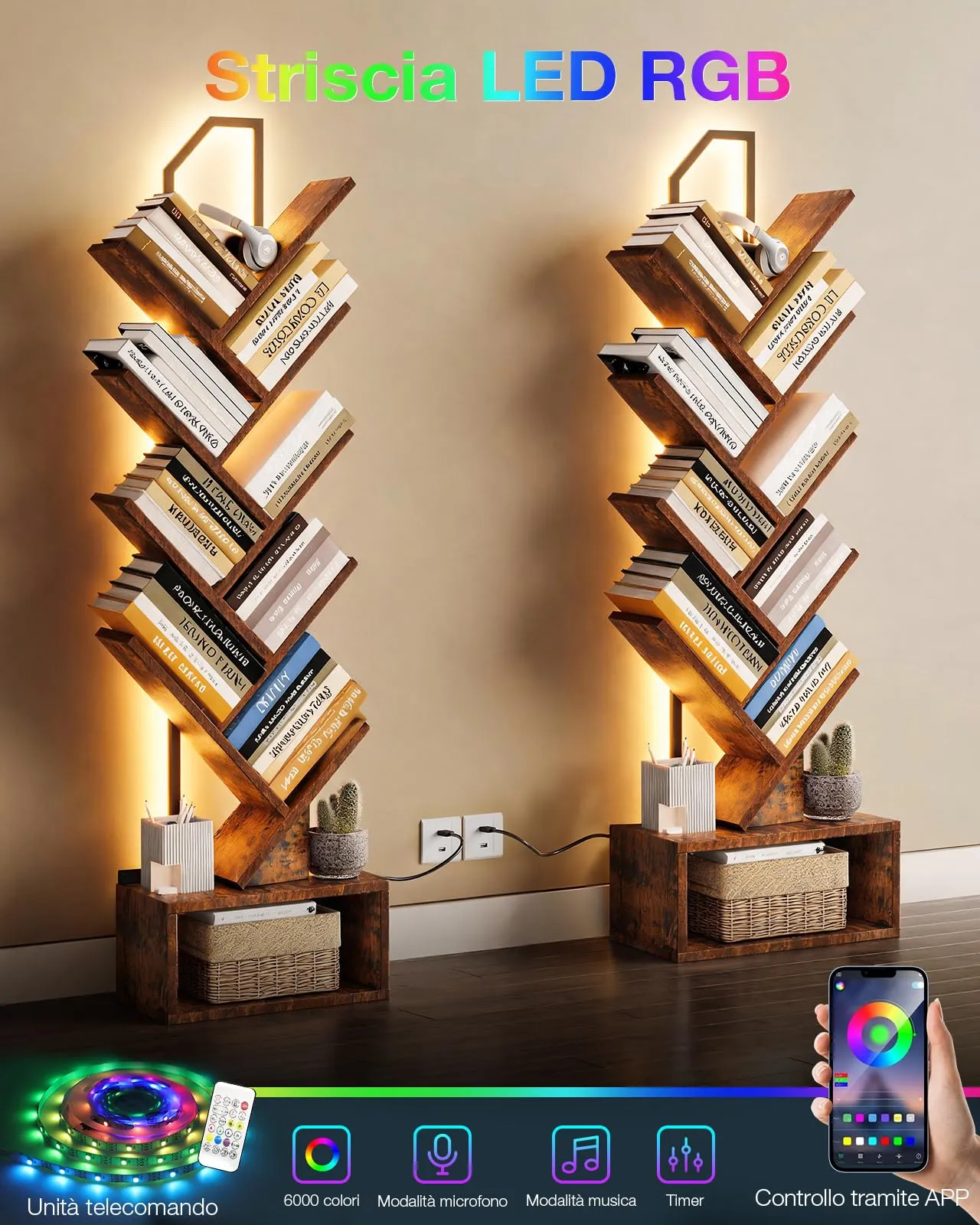 Coleshome Libreria ad Albero LED, Scaffale a 8 Ripiani, 115cm, Marrone - immagine 7