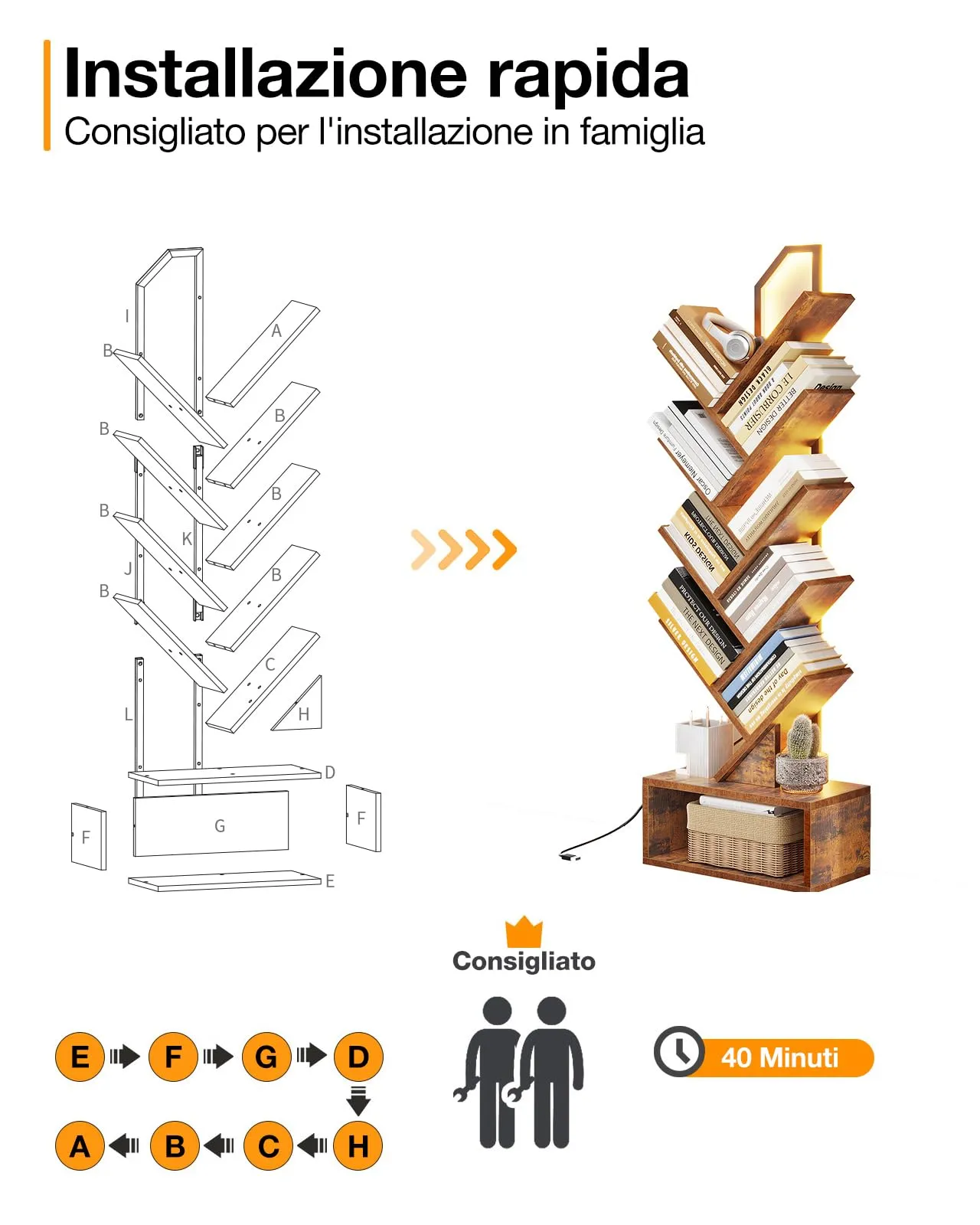 Coleshome Libreria ad Albero LED, Scaffale a 8 Ripiani, 115cm, Marrone - immagine 8