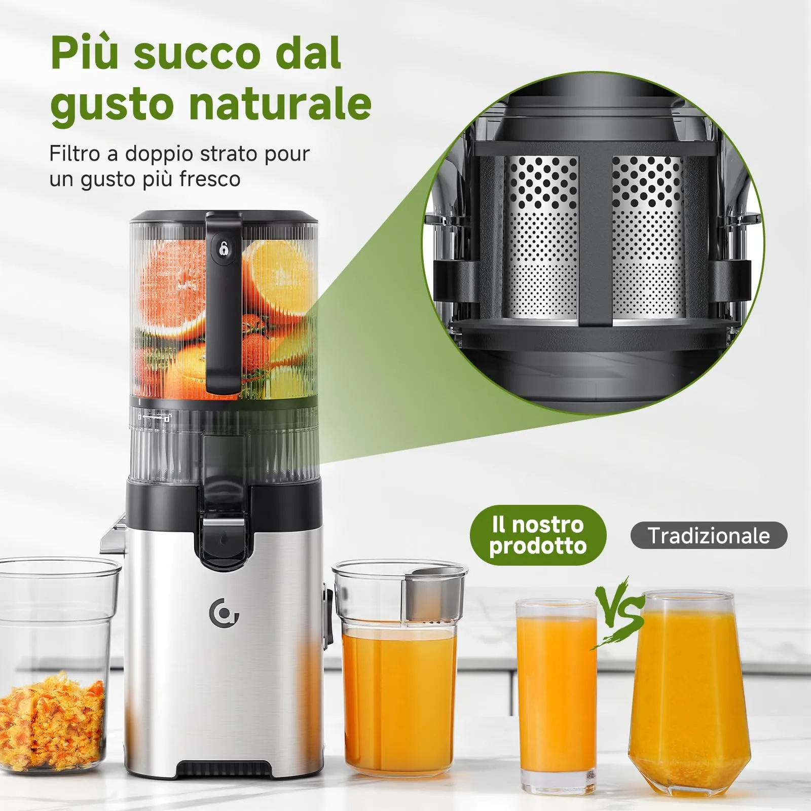 AMZCHEF Estrattore di Succo a Freddo, Bocca Larga 158 mm, 2.5 L, 2 Filtri per Succo e Gelato - immagine 5