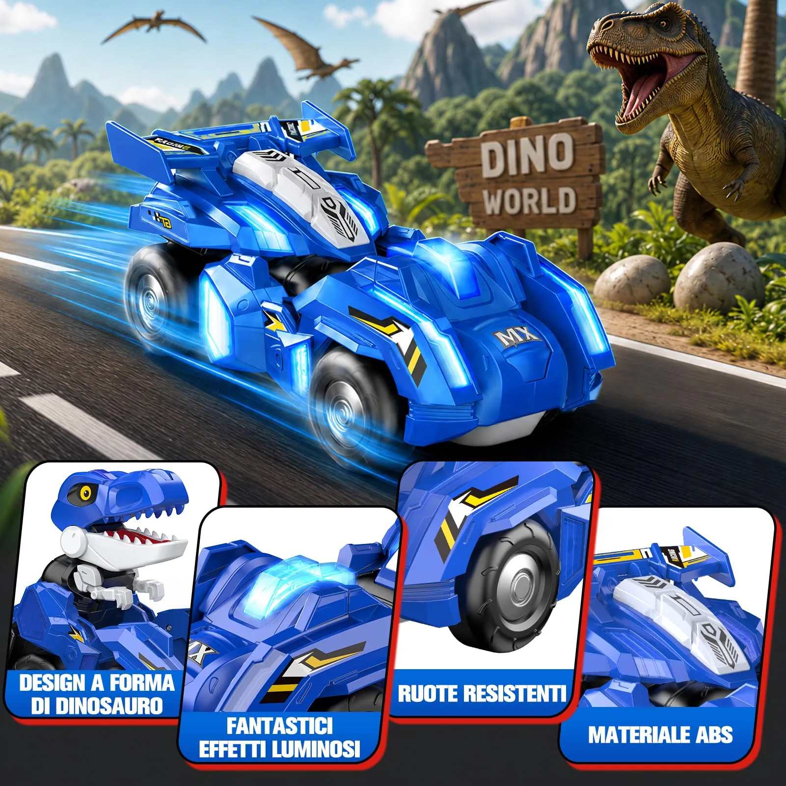 HappyGoLucky Macchina Telecomandata Trasformabile in Dinosauro 2 in 1, Blu, WJ121845 - immagine 5