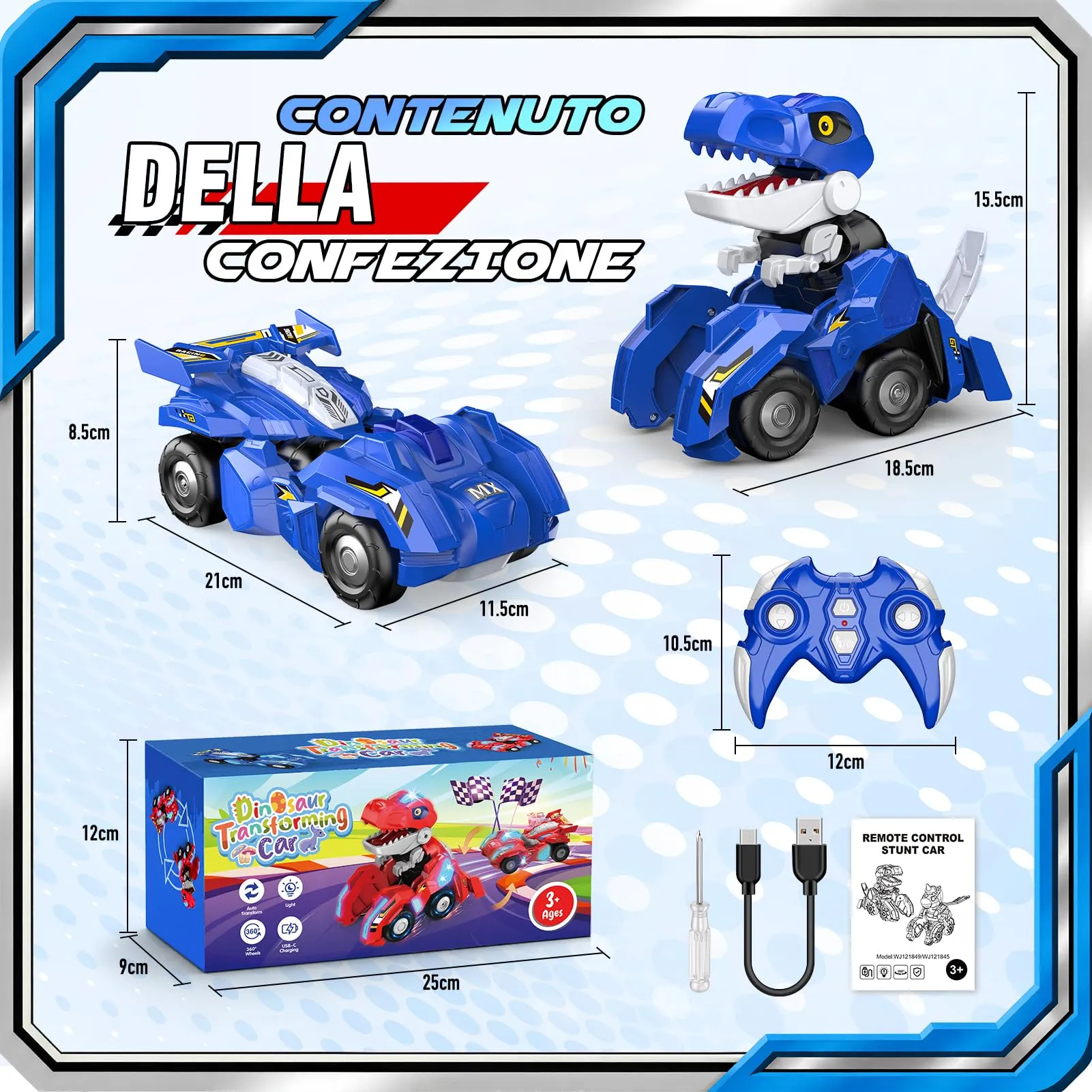 HappyGoLucky Macchina Telecomandata Trasformabile in Dinosauro 2 in 1, Blu, WJ121845 - immagine 8