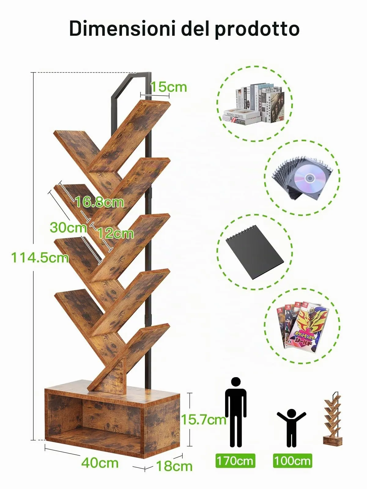 Coleshome Libreria ad Albero, Scaffale a 8 Ripiani, 115cm, Marrone - immagine 2