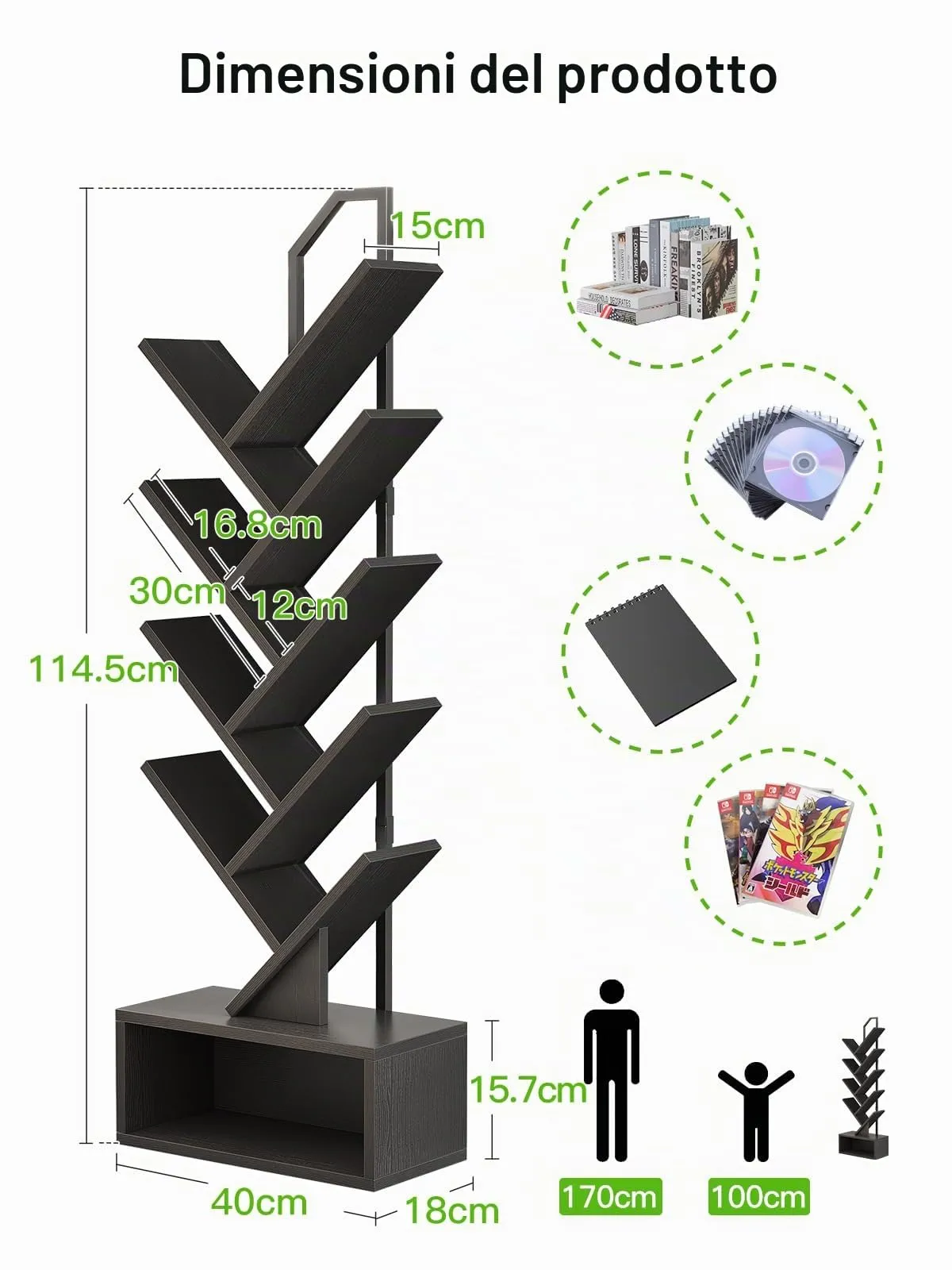 Coleshome Libreria ad Albero, Scaffale a 8 Ripiani 115cm, Nero - immagine 2