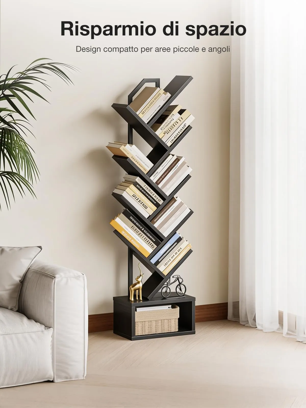 Coleshome Libreria ad Albero, Scaffale a 8 Ripiani 115cm, Nero - immagine 4