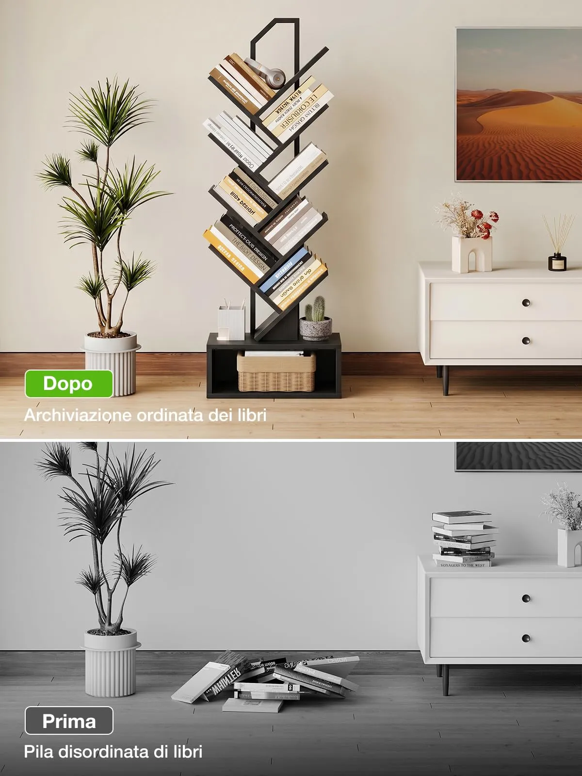 Coleshome Libreria ad Albero, Scaffale a 8 Ripiani 115cm, Nero - immagine 5