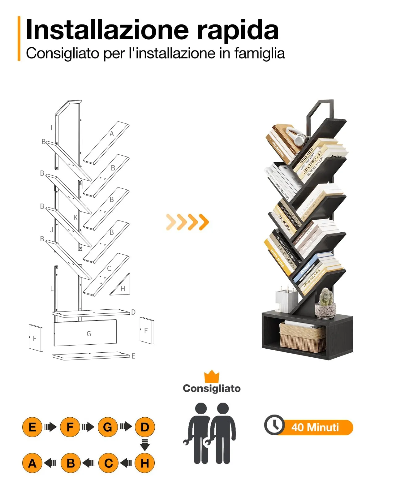 Coleshome Libreria ad Albero, Scaffale a 8 Ripiani 115cm, Nero - immagine 8