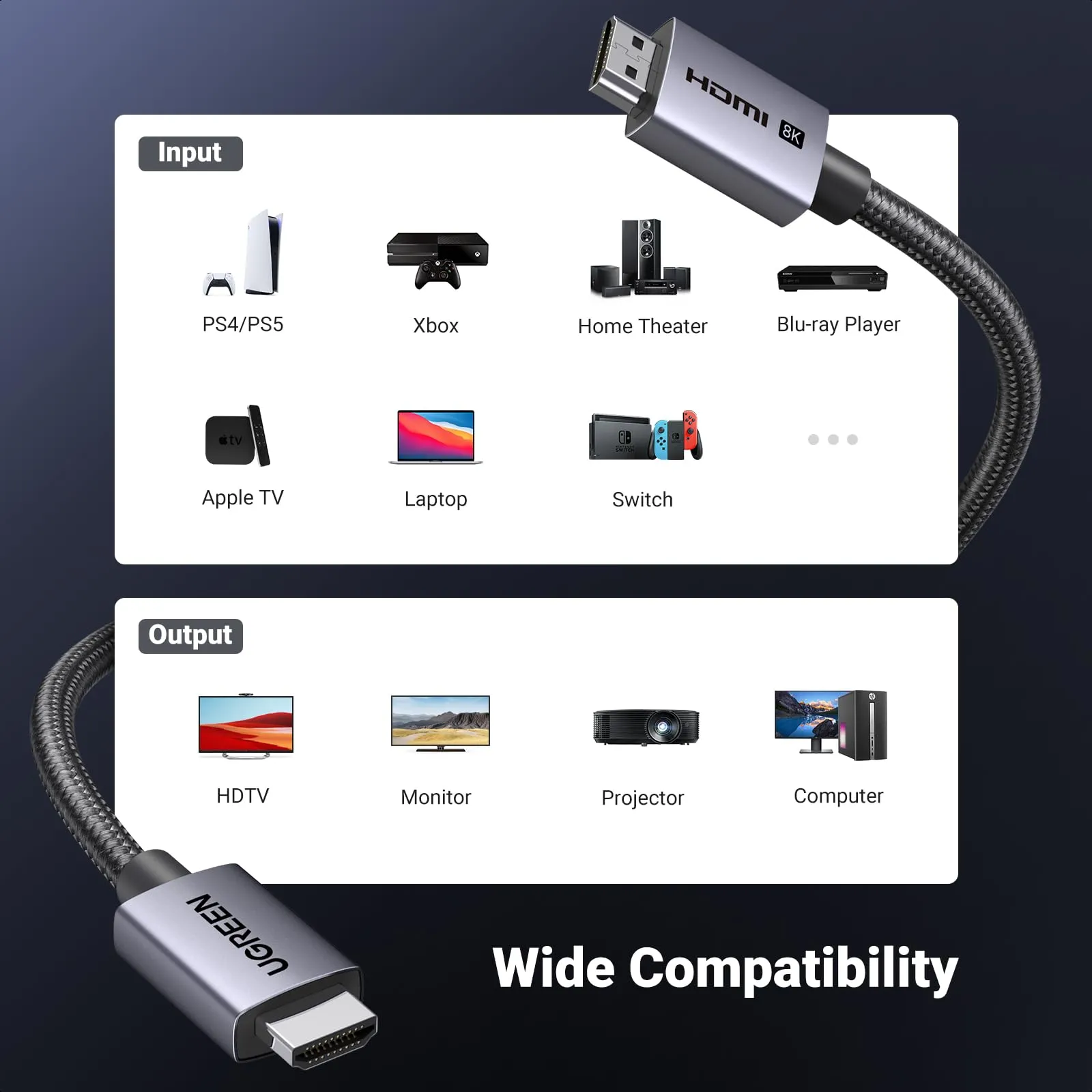 UGREEN HDMI 2.1 Cable, 8K 60Hz, 4K 120Hz, 48Gbps, 8M - immagine 6