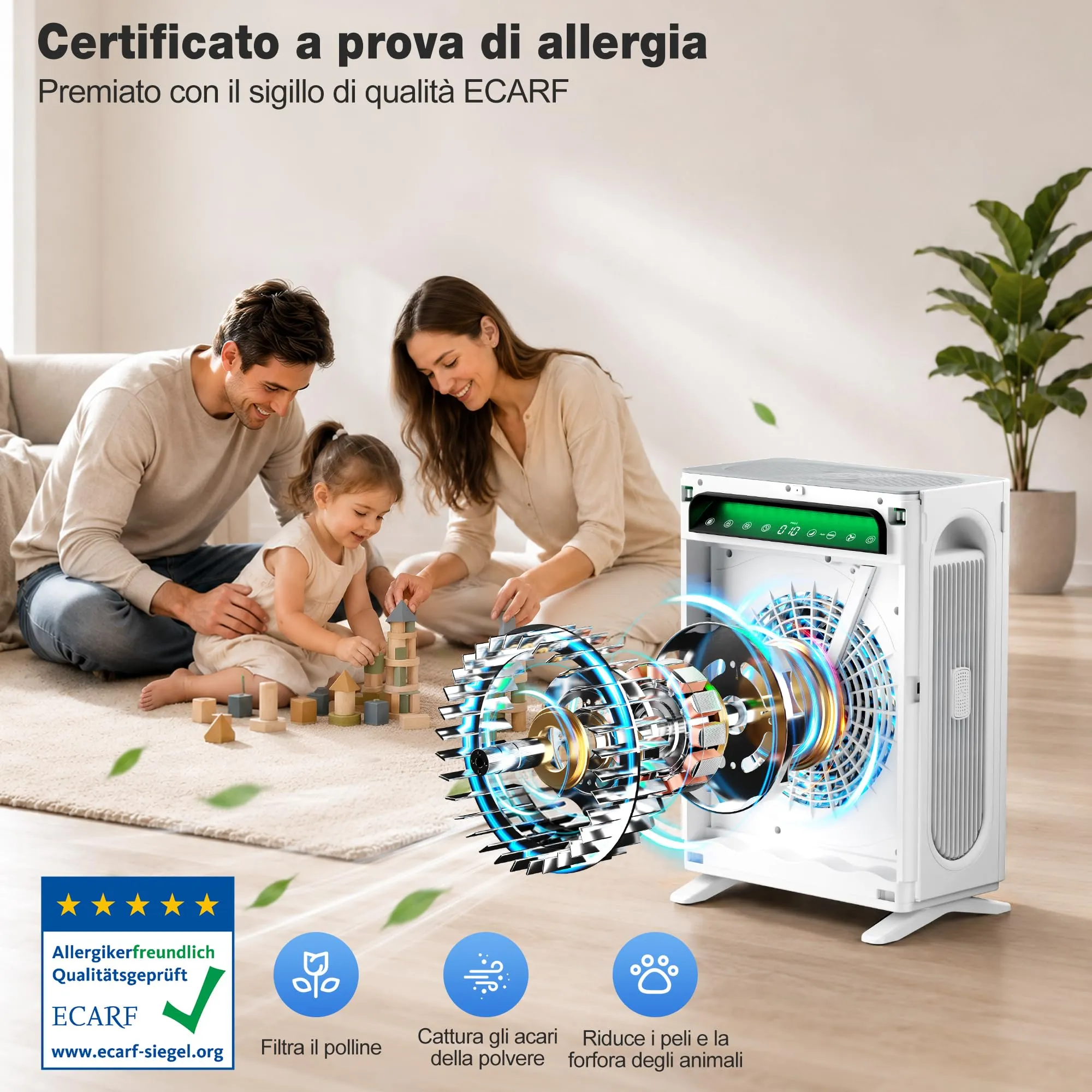 KNKA Purificatore d'Aria con Filtro HEPA e Sensore Intelligente, fino a 120m², Bianco - immagine 4