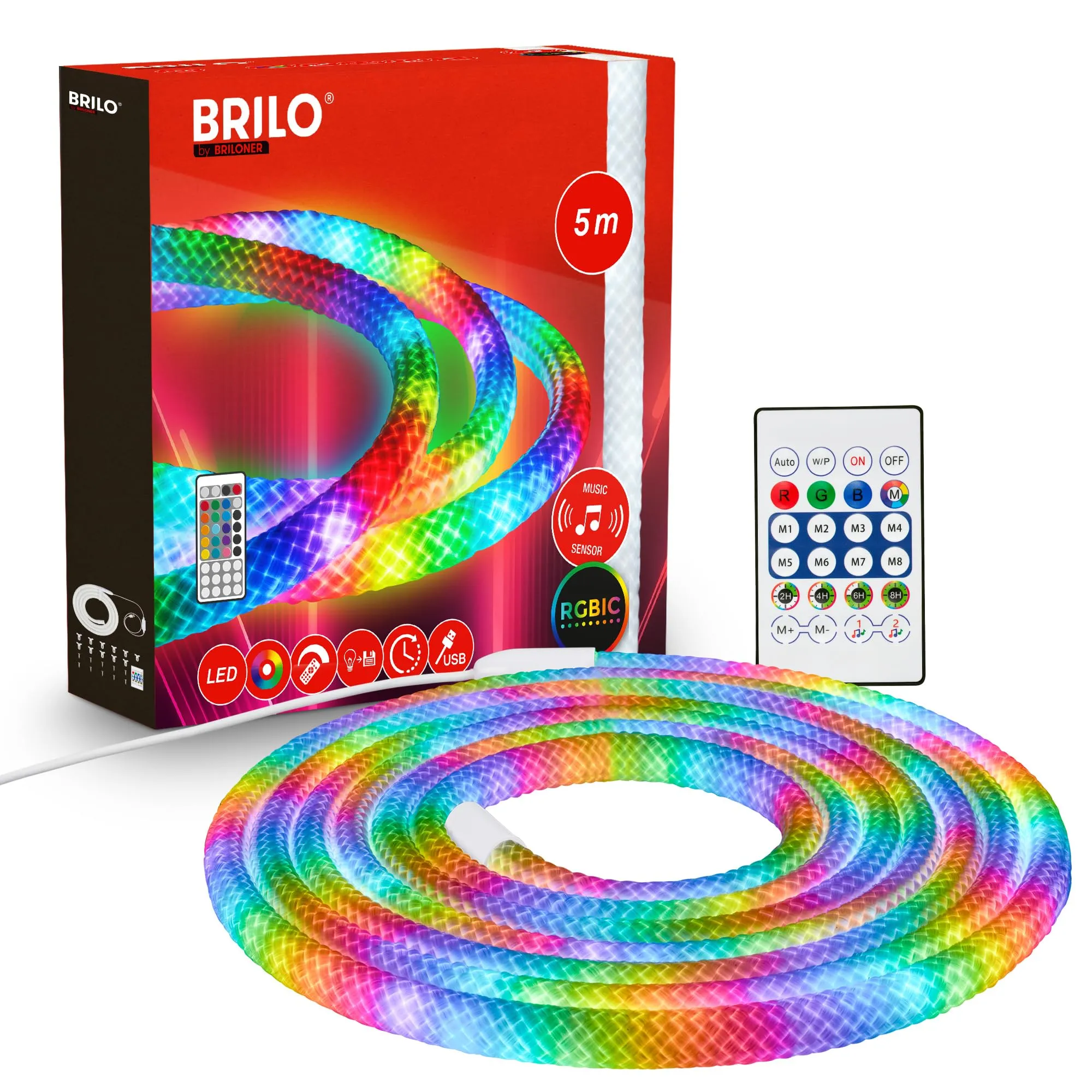 Briloner Striscia LED RGBIC 5m con Telecomando, USB, Luce a 360 Gradi e Sensore Musicale, Effetto Neon Flessibile - immagine 1