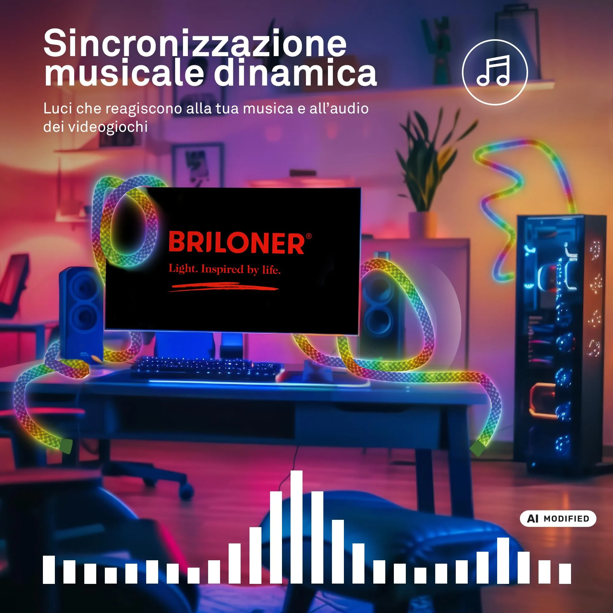 Briloner Striscia LED RGBIC 5m con Telecomando, USB, Luce a 360 Gradi e Sensore Musicale, Effetto Neon Flessibile - immagine 4