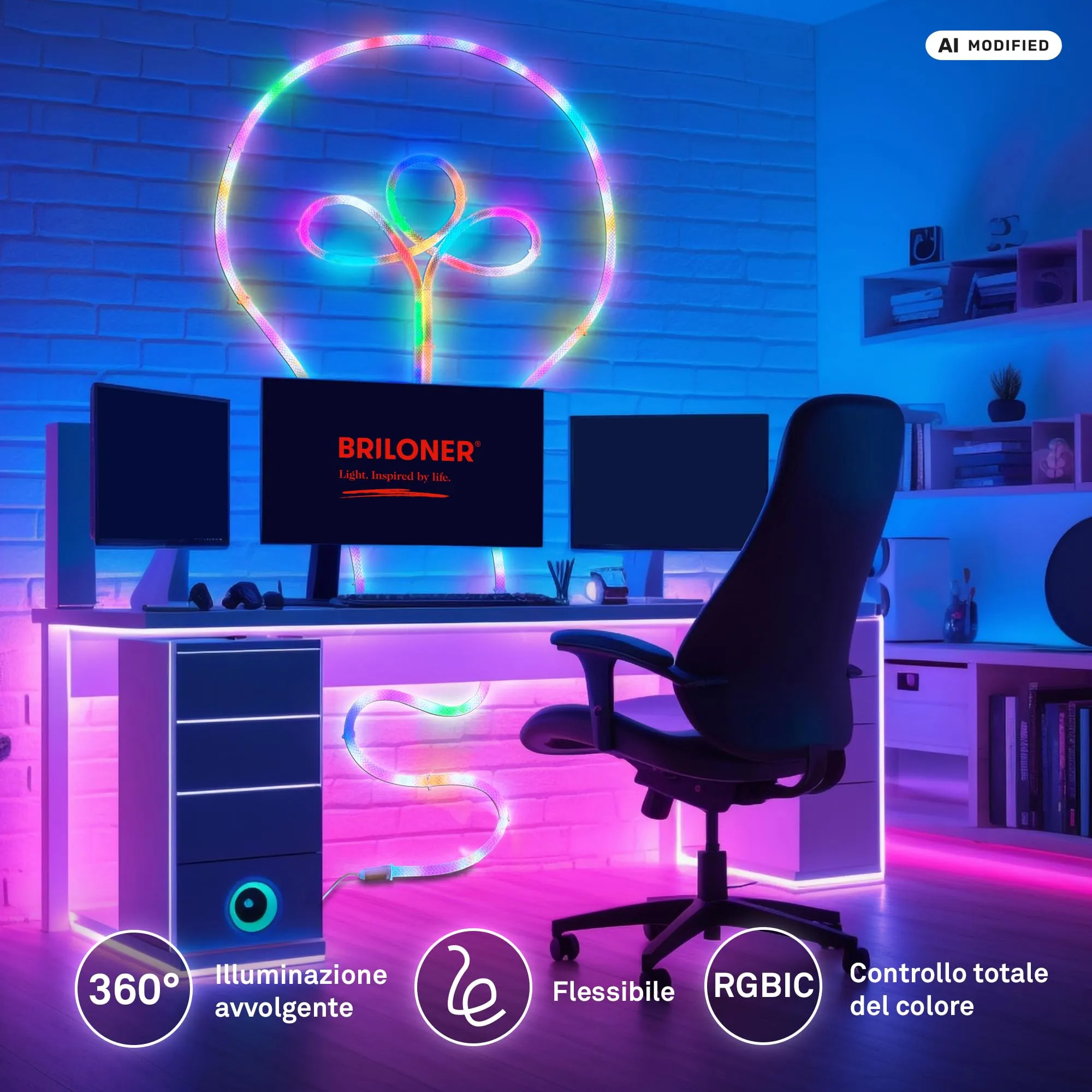 Briloner Striscia LED RGBIC 5m con Telecomando, USB, Luce a 360 Gradi e Sensore Musicale, Effetto Neon Flessibile - immagine 7