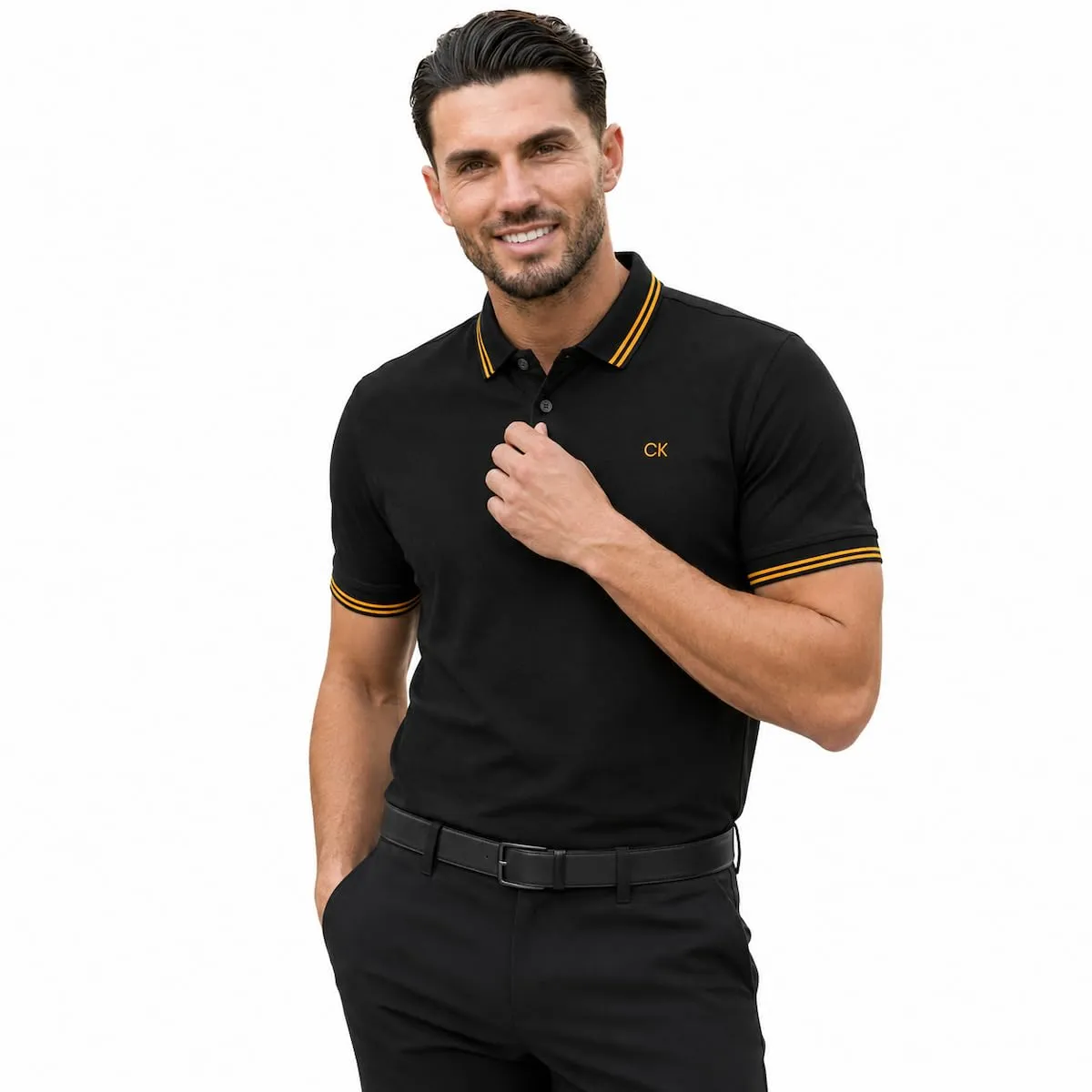 Calvin Klein Polo da Uomo con Profili a Contrasto - Nero/Oro - M - immagine 2