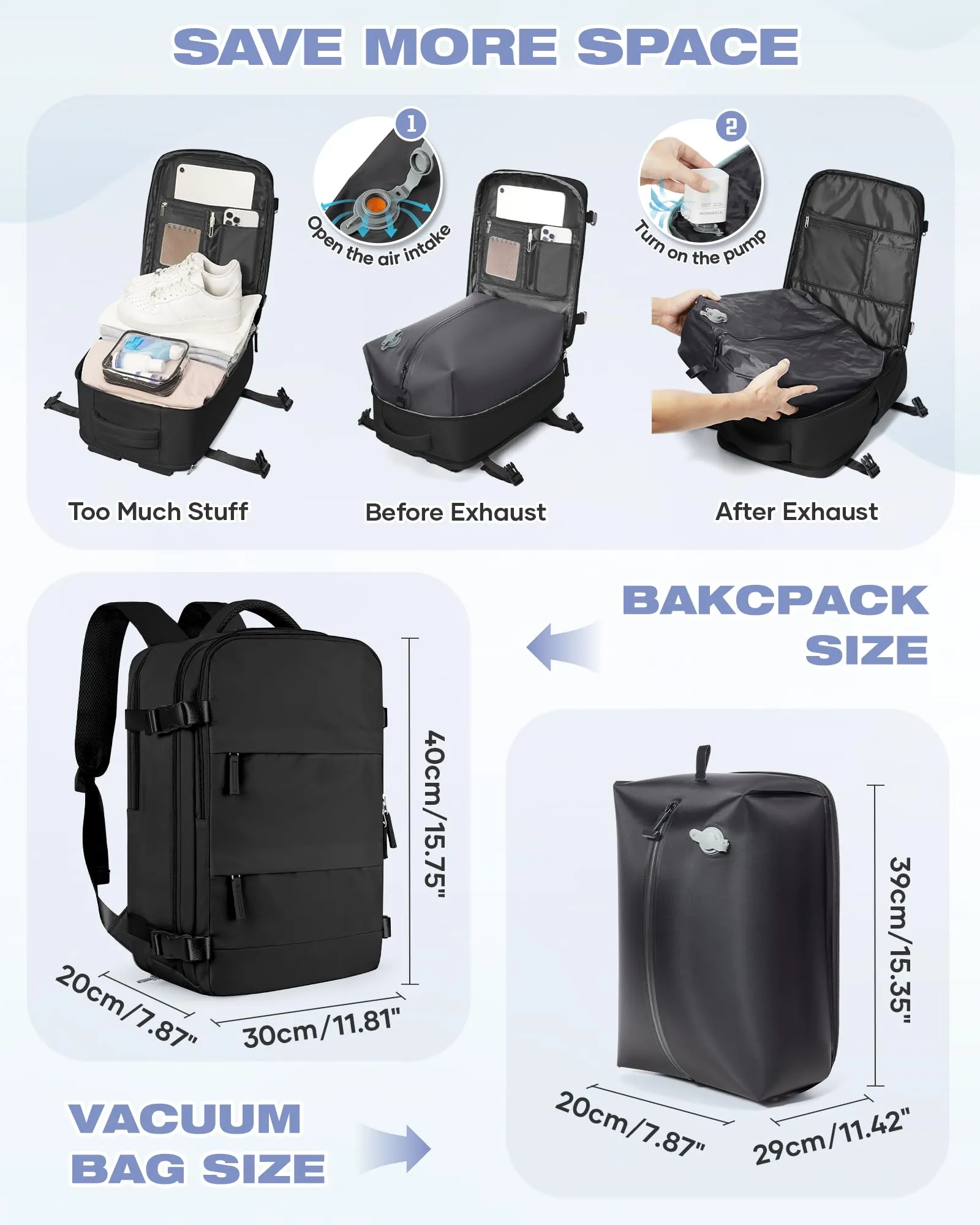 SZLX Zaino da Viaggio Sottovuoto con Pompa 40x30x20 Ryanair Wizzair Vueling Impermeabile per Laptop 14 Pollici con Scomparto Scarpe - immagine 5