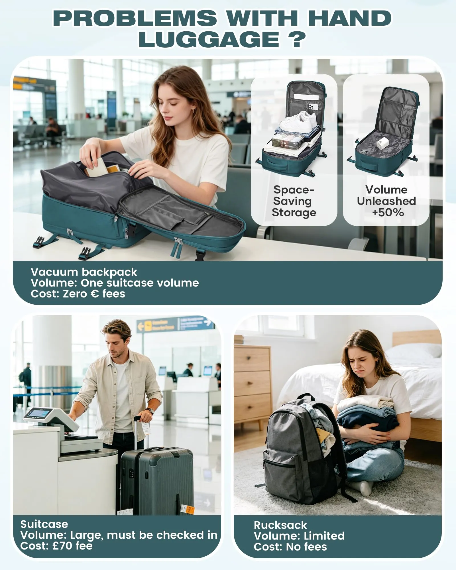 SZLX Zaino da Viaggio Sottovuoto con Pompa 40x30x20 per Ryanair, Wizzair, Vueling, Impermeabile con Scomparto Scarpe e Laptop 14 Pollici - immagine 4