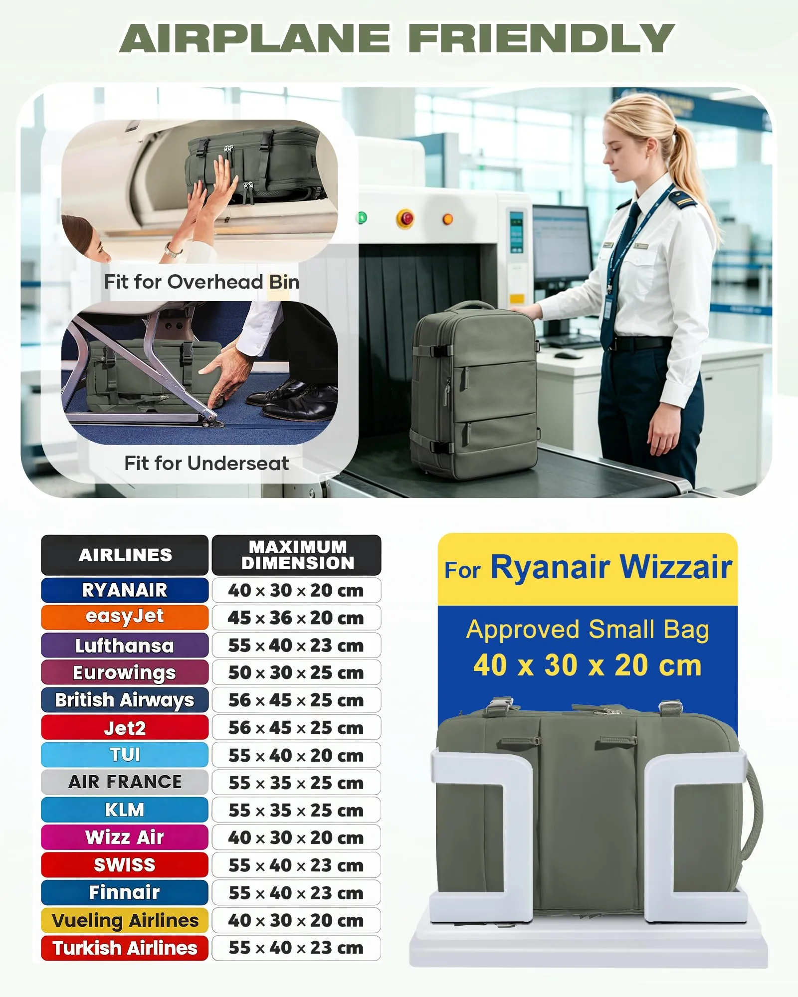 SZLX Zaino da Viaggio Sottovuoto con Pompa 40x30x20 per Ryanair Wizzair Vueling, Impermeabile con Scomparto Scarpe e Laptop 14 Pollici - immagine 2