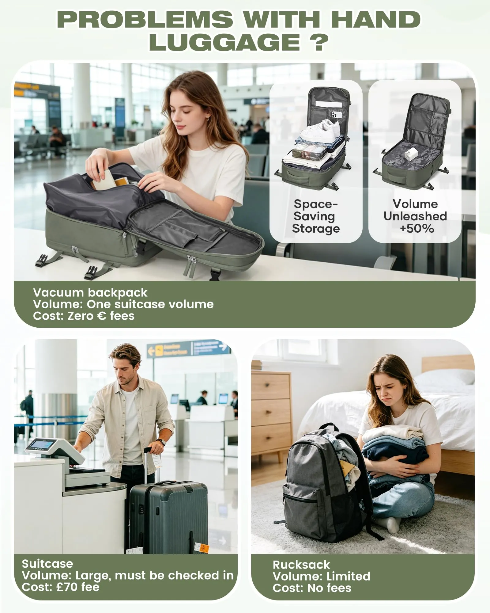 SZLX Zaino da Viaggio Sottovuoto con Pompa 40x30x20 per Ryanair Wizzair Vueling, Impermeabile con Scomparto Scarpe e Laptop 14 Pollici - immagine 4