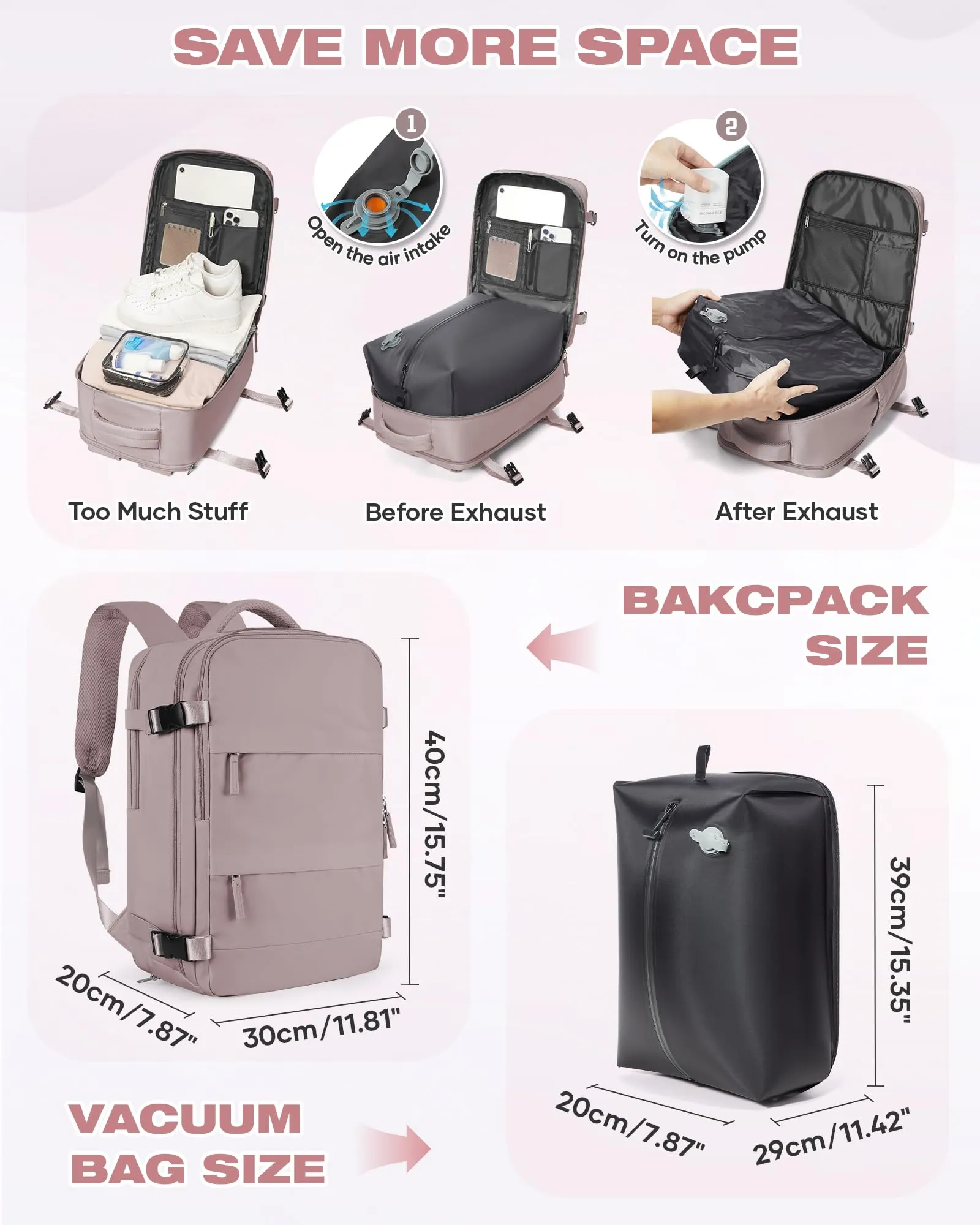 SZLX Zaino da Viaggio Sottovuoto con Pompa 40x30x20 per Ryanair, Wizzair, Vueling, Impermeabile con Scomparto Scarpe e Laptop 14 Pollici - immagine 3
