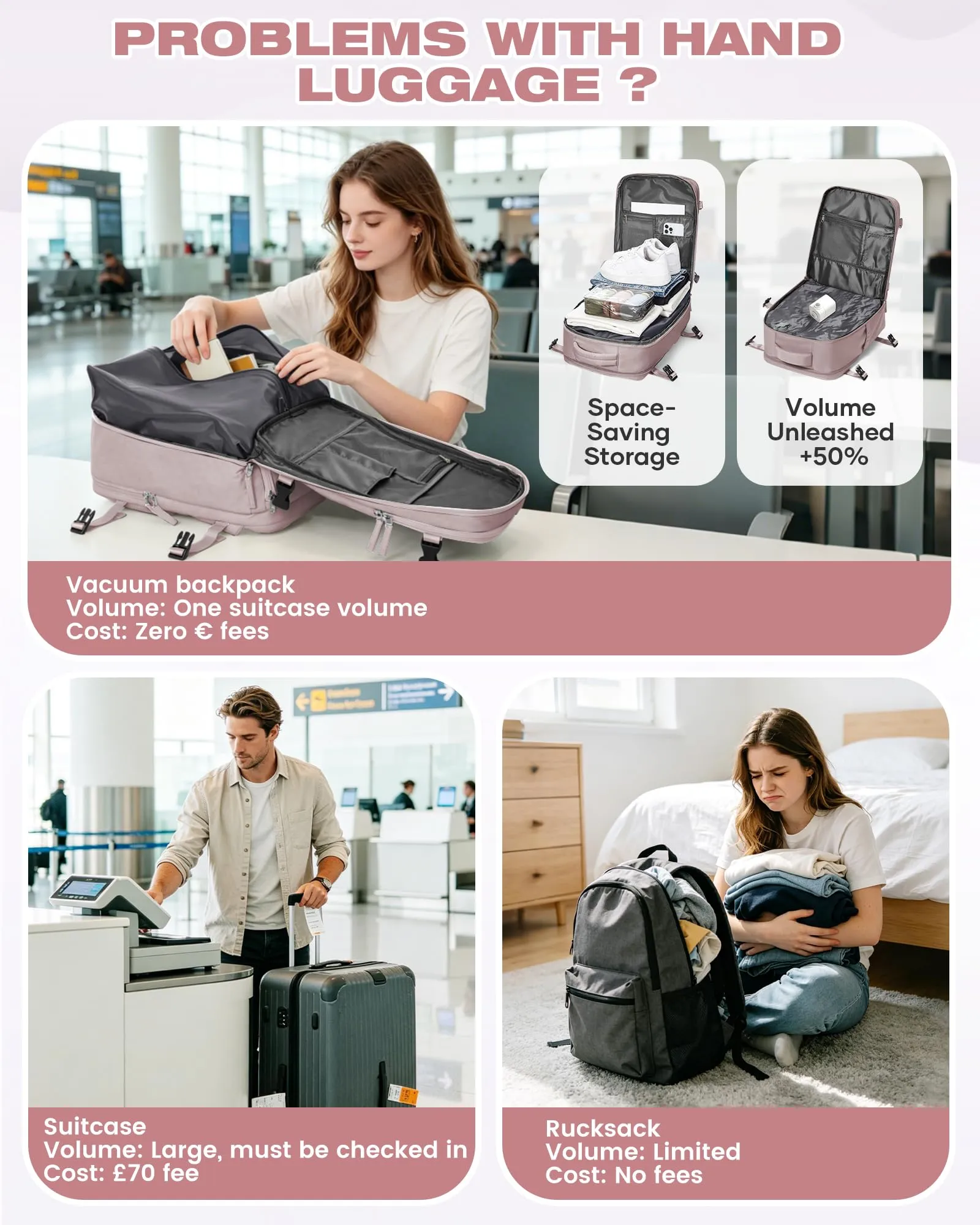 SZLX Zaino da Viaggio Sottovuoto con Pompa 40x30x20 per Ryanair, Wizzair, Vueling, Impermeabile con Scomparto Scarpe e Laptop 14 Pollici - immagine 4