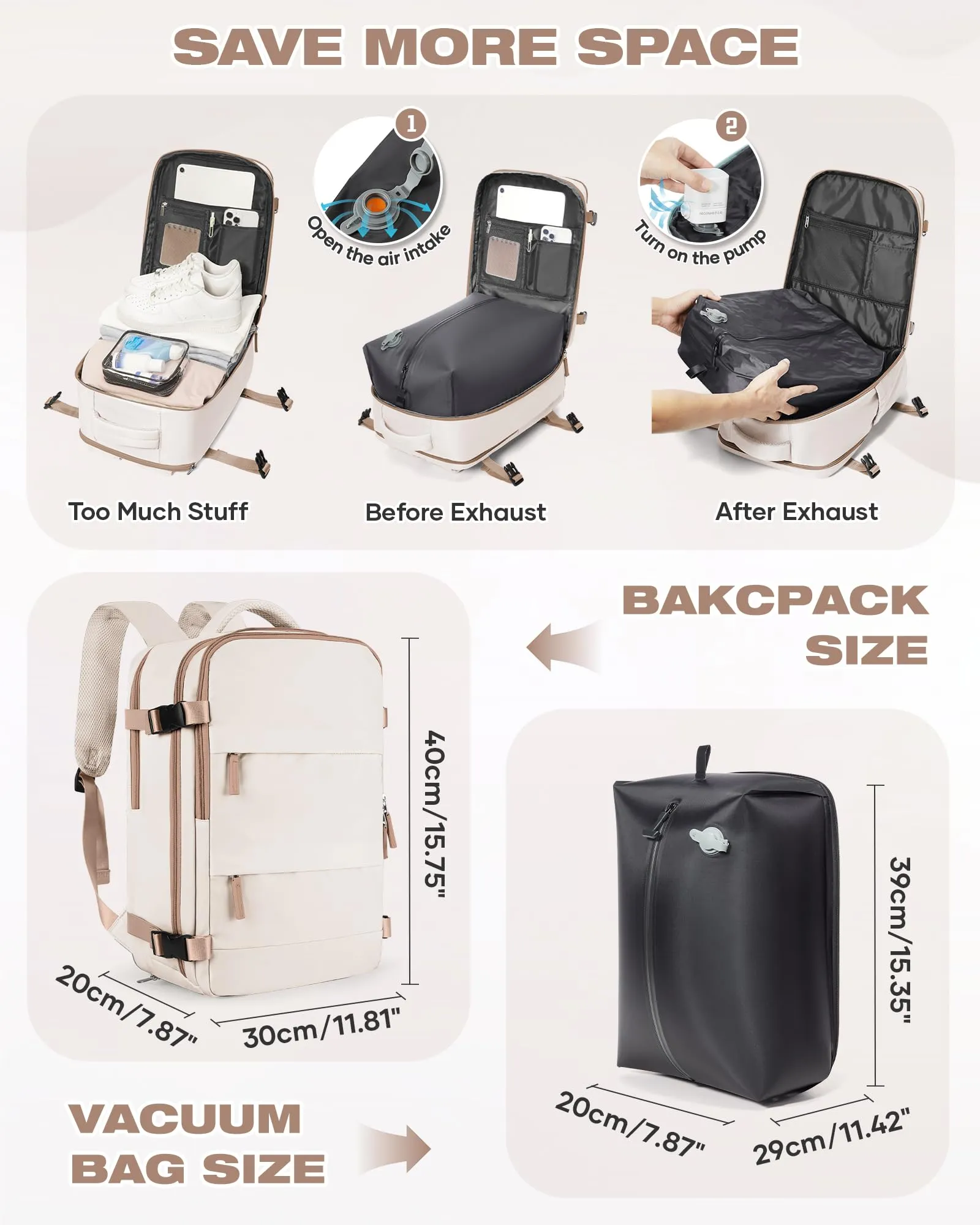 SZLX Zaino da Viaggio Sottovuoto con Pompa 40x30x20 per Ryanair Wizzair Vueling, Impermeabile con Scomparto Scarpe e Laptop 14 Pollici - immagine 3