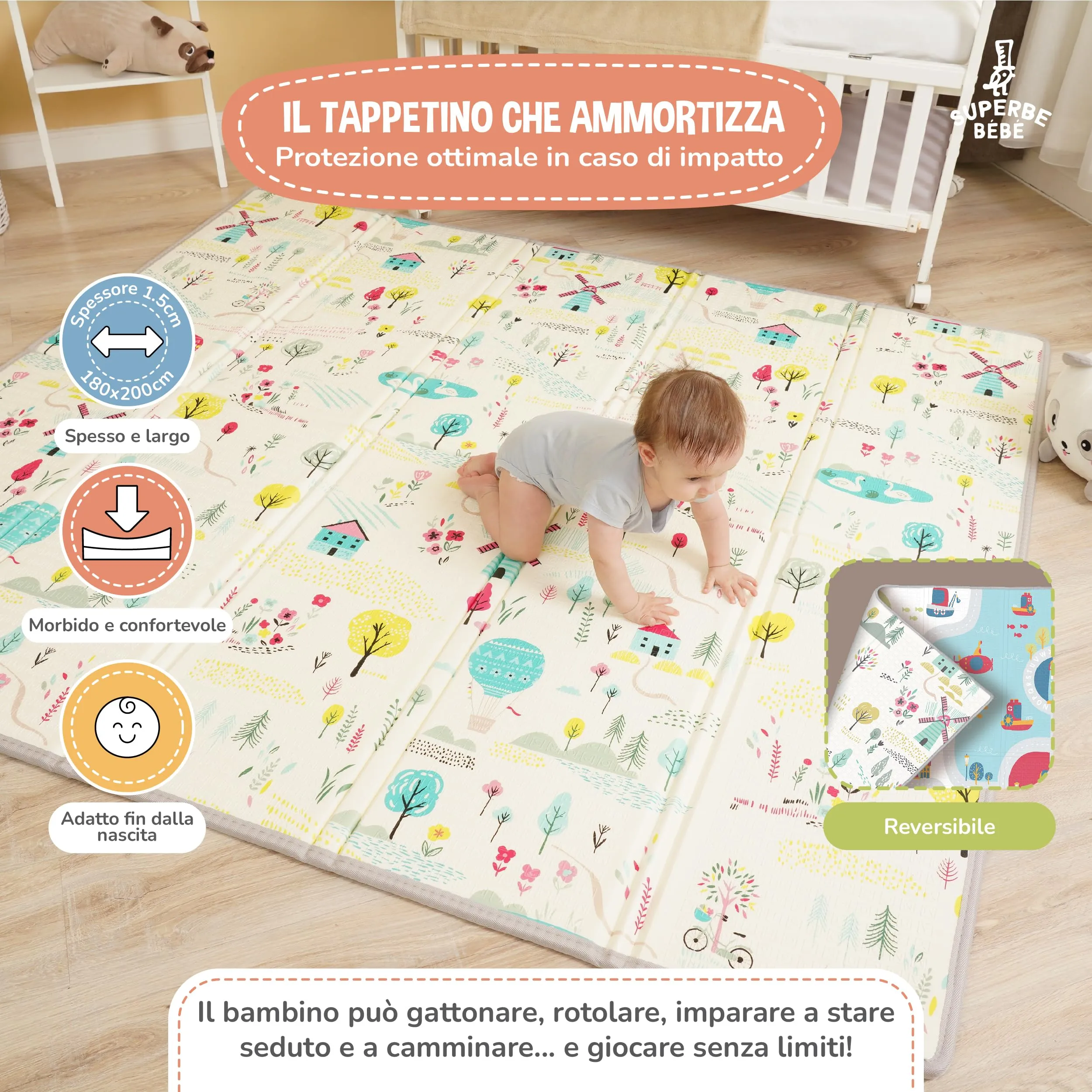 SUPERBE BEBE Tappeto Gioco Bambini Pieghevole 180x200x1.5cm Montessori Reversibile in Schiuma NATURA - immagine 2