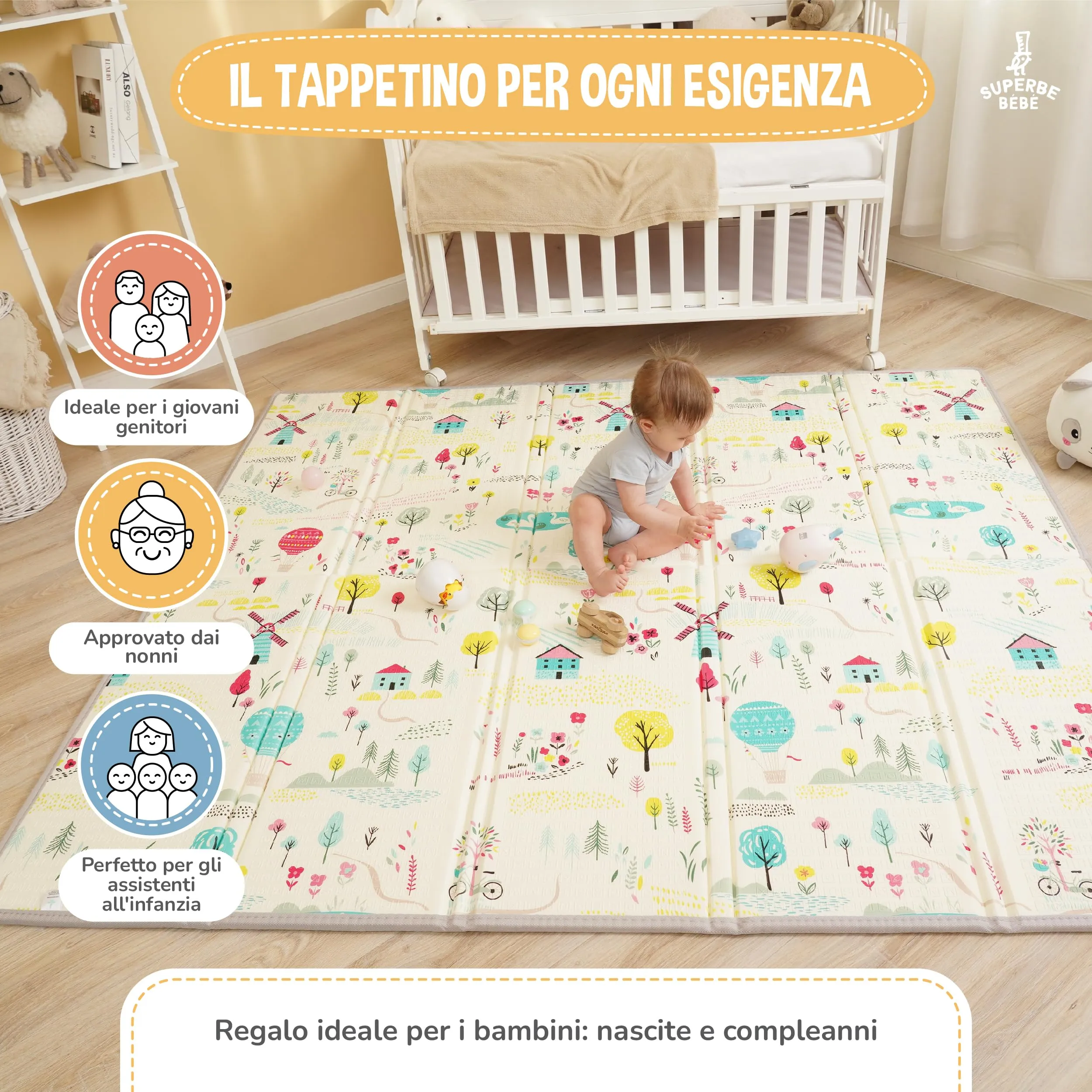 SUPERBE BEBE Tappeto Gioco Bambini Pieghevole 180x200x1.5cm Montessori Reversibile in Schiuma NATURA - immagine 4
