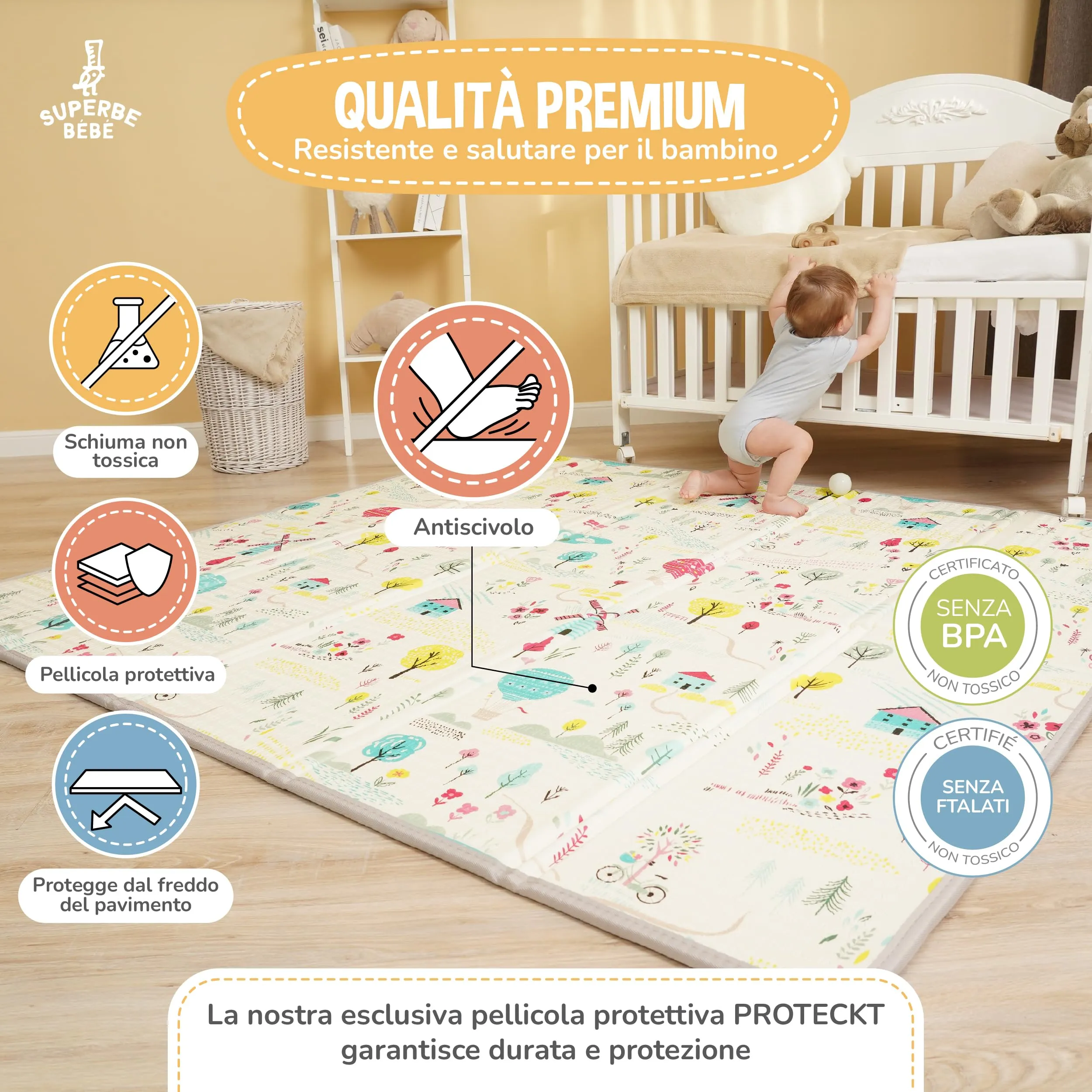 SUPERBE BEBE Tappeto Gioco Bambini Pieghevole 180x200x1.5cm Montessori Reversibile in Schiuma NATURA - immagine 5
