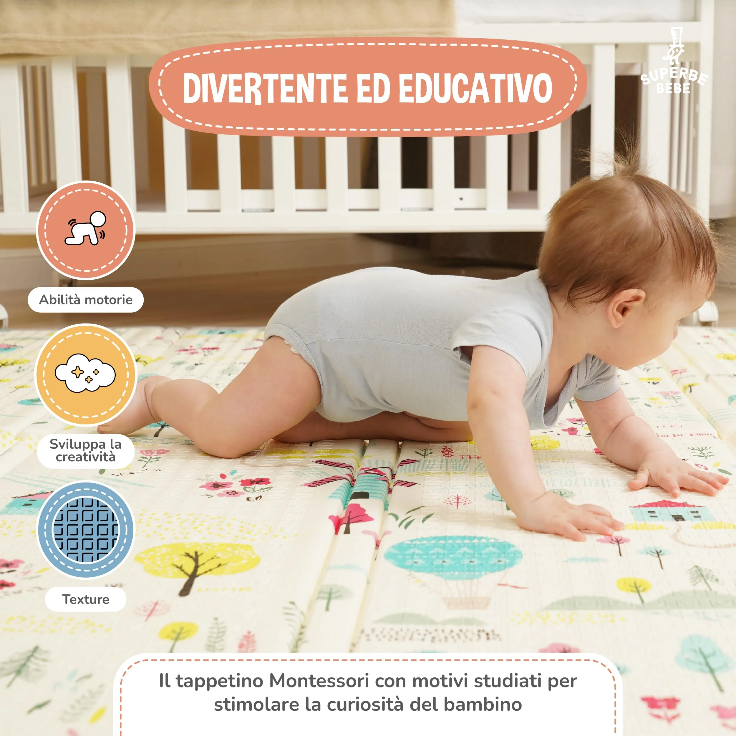 SUPERBE BEBE Tappeto Gioco Bambini Pieghevole 180x200x1.5cm Montessori Reversibile in Schiuma NATURA - immagine 6