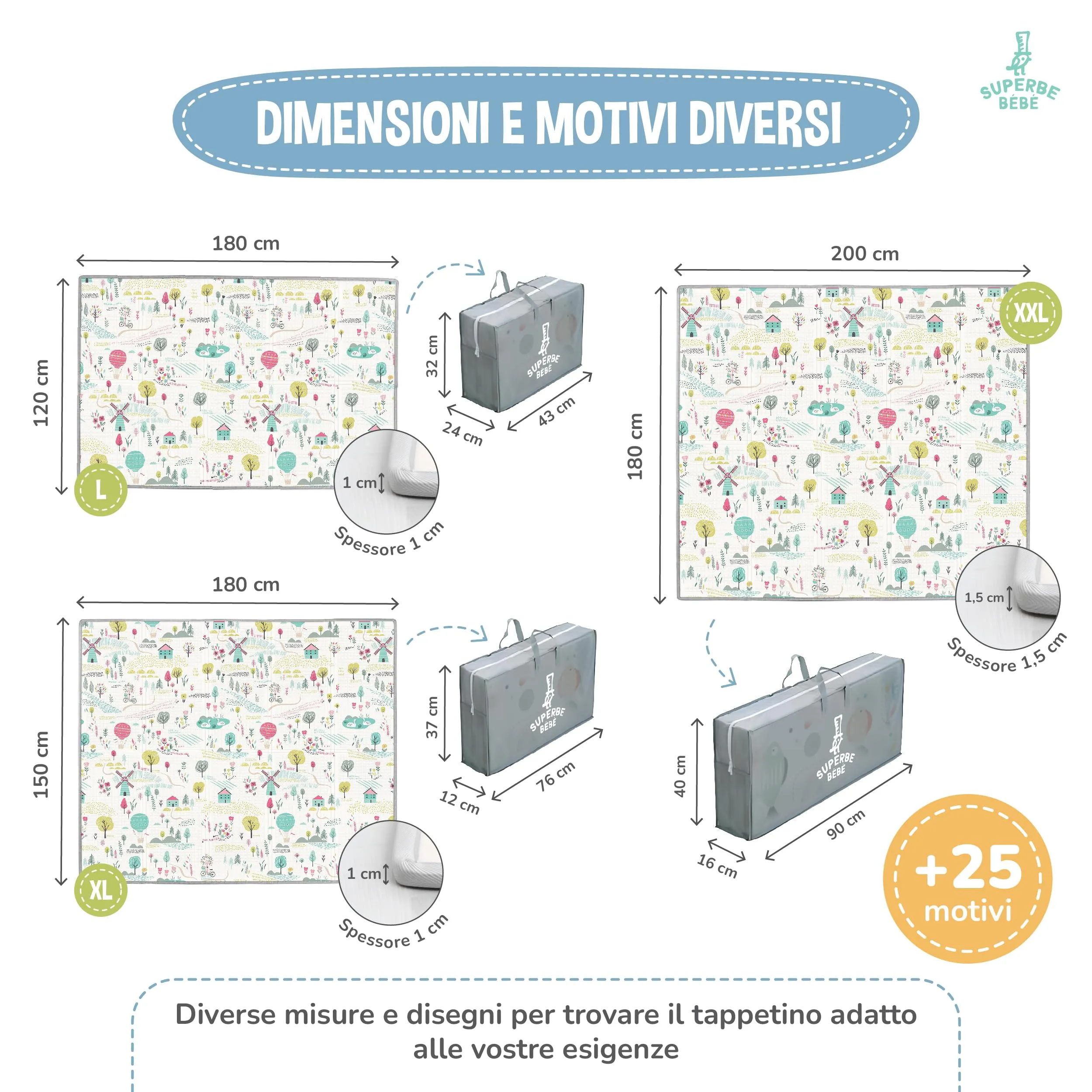 SUPERBE BEBE Tappeto Gioco Bambini Pieghevole 180x200x1.5cm Montessori Reversibile in Schiuma NATURA - immagine 7